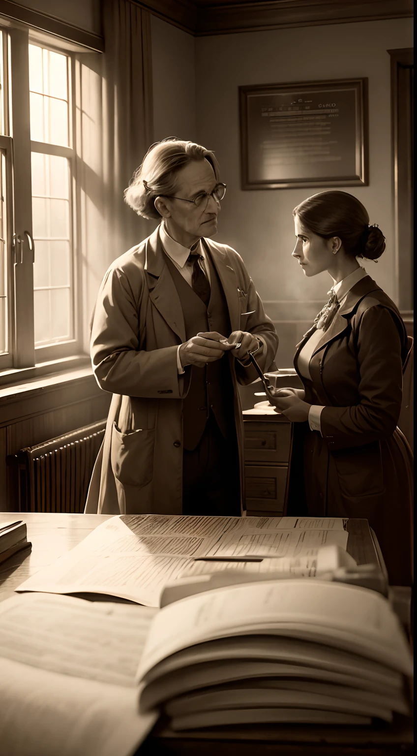 Edward Block administering the medication Iotaform to a patient in the year 1938, (best quality,4k,8k,highres,masterpiece:1.2), ultra-detailed, (realistic,photorealistic,photo-realistic:1.37), vintage, black and white:0.9, intimate, historical scene, medical equipment, attentive doctor, patient's trust, professional setting, early 20th century, period costume, antique medical instruments, authentic surroundings, sepia tone:0.95, soft lighting, meticulous attention to detail, dramatic shadows, iconic doctor's coat, serene facial expressions, old-fashioned, aged pharmacy, wooden furniture, glass bottles, handwritten prescriptions, aged parchment, dusty atmosphere, atmospheric ambiance, vintage poster advertisements