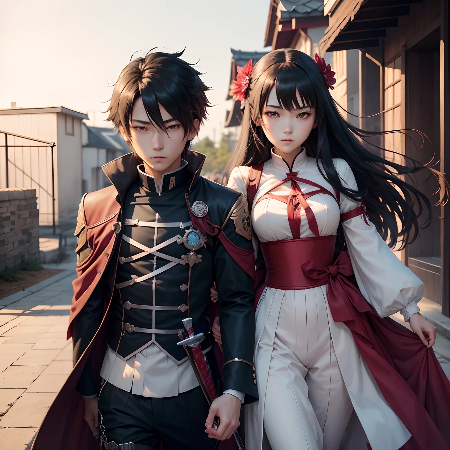 Anime couple with sword and clothes in the wind, Yandere, by Kanamoto Village, Yandere. Takao, Gapmoe Yandere, Zerochan Art, Shingei, Zerochan, high quality fanwork inspired by Masanobu Okumura, anime style, Japanese anime style, they are siblings, anime styles such as Fate/Stay Night, Shota, Lori