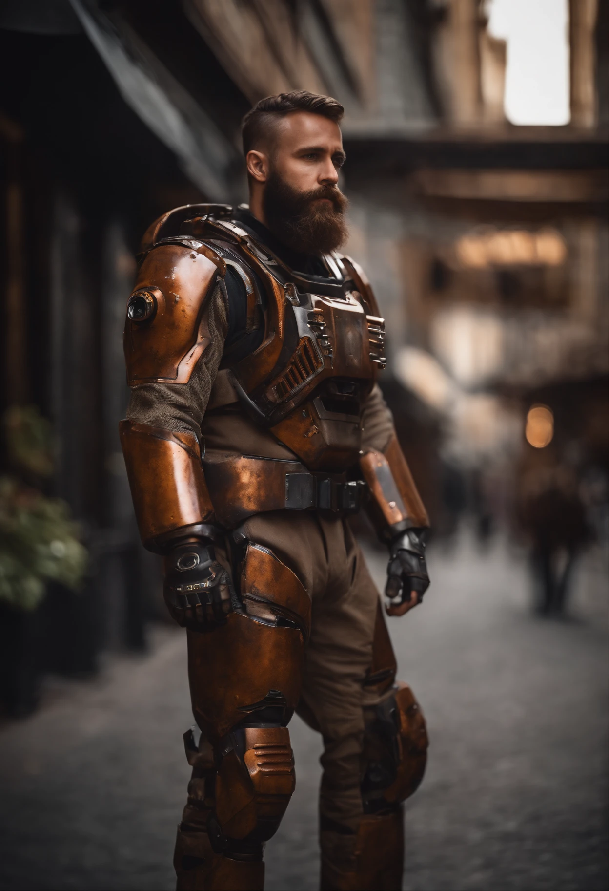 Portrait photo of muscular bearded guy in a worn mech suit, ((light bokeh)), intricate, (steel metal [rust]), elegant, sharp focus, photo by greg rutkowski, soft lighting, vibrant colors, masterpiece, ((streets)), detailed face