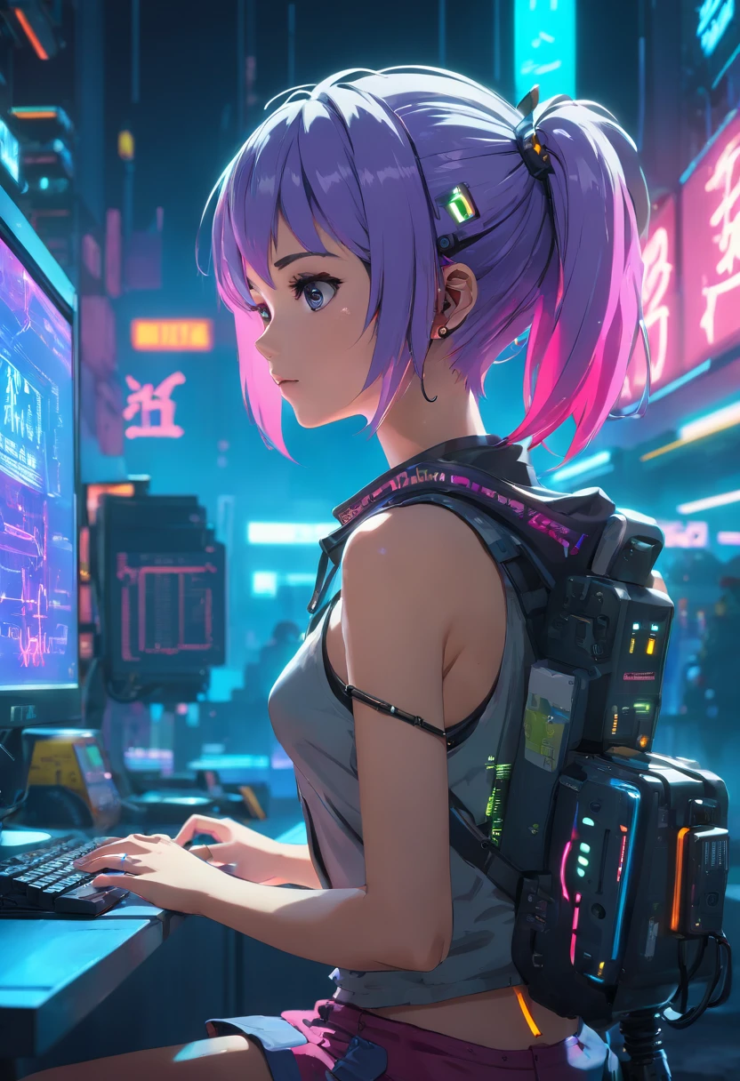Girl, fade cut hair, neon colored hair, best pose((Best quality)), ((masterpiece)), (highly detailed:1.3), 3D, beautiful (cyberpunk:1.3) female hacker with thick voluminous hair operating a computer terminal, computer servers, LCD screens, fibre optic cables, corporate logos,HDR (High Dynamic Range),Ray Tracing,NVIDIA RTX,Super-Resolution,Unreal 5,Subsurface scattering,PBR Texturing,Post-processing,Anisotropic Filtering,Depth-of-field,Maximum clarity and sharpness,Multi-layered textures,Albedo and Specular maps,Surface shading,Accurate simulation of light-material interaction,Perfect proportions,Octane Render,Two-tone lighting,Low ISO,White balance,Rule of thirds,Wide aperature,8K RAW,Efficient Sub-Pixel,sub-pixel convolution,luminescent particles,