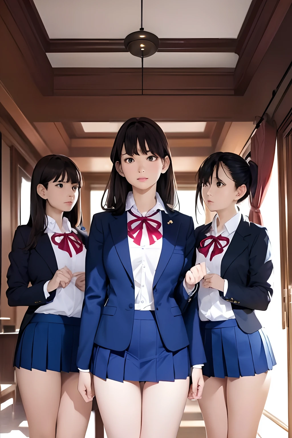 masutepiece, Best Quality, Five girls in the classroom,(5 people standing:1.2),Standing,age, Looking at Viewer,l Group shot, harems,nffsw,Retro underwear,(pantiy),Realistic,School uniform,(Dark blue blazer and white shirt) ,(Dark blue pleated skirt),Blue Ribbon ,(Looking back, ass grab:0.9),(Beautiful eyes:1.3),frombelow,From below,Kinney,(skinny:1.2) ,Slender thighs, Long body, novel illustration,(Smelly eyes:0.5),closed curtains,(shirts lift,lifted by self:1.5) ,Dark Persona.Skirt lift front,(Panties:1.3),