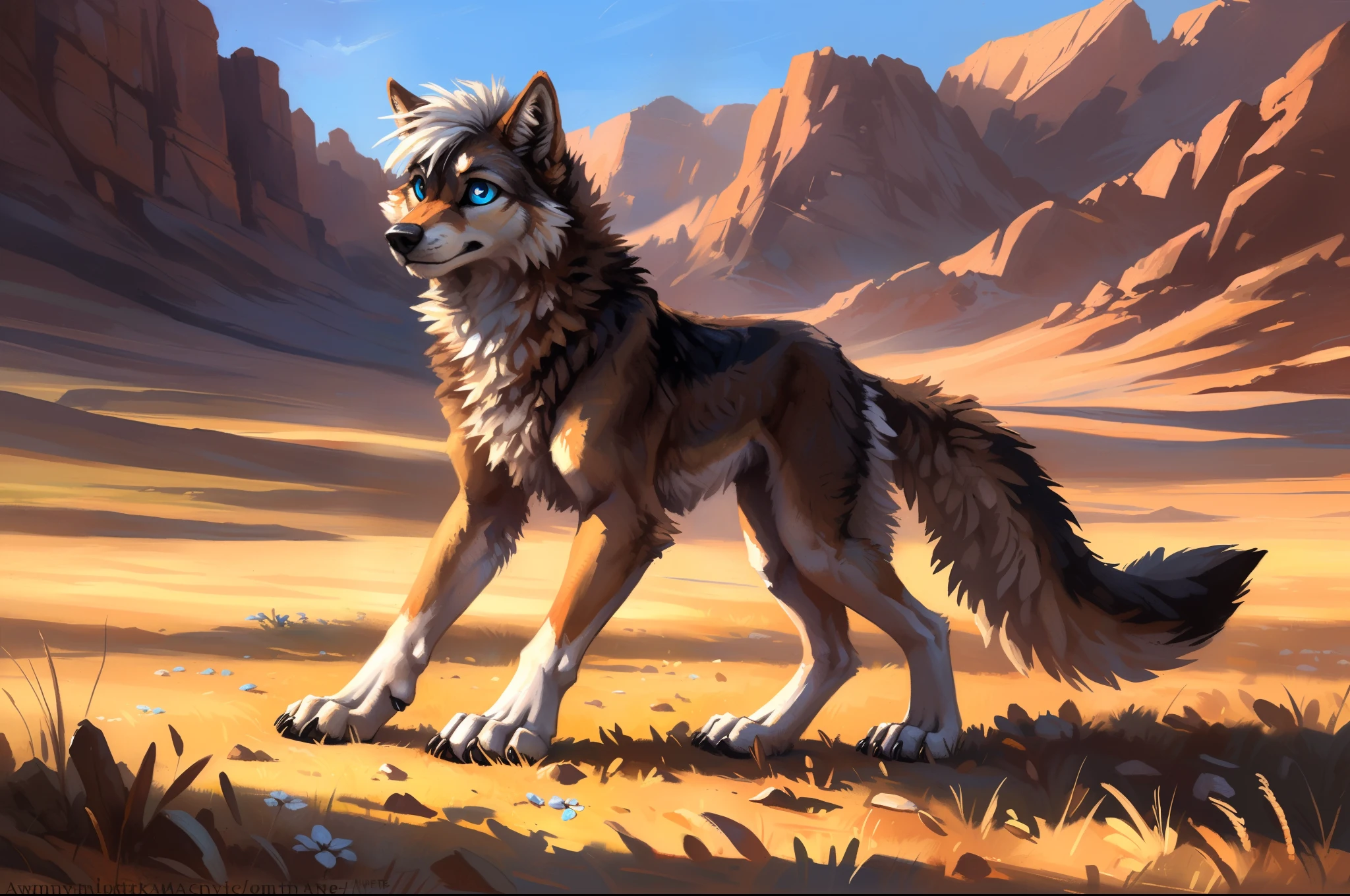 ((Solo)), male people, coyote, (Multi-colored fur, White-brown:1.3), ((Wolf face, White hair, Big eyes, White eyelids, Blue pupil, Slim:1.2) (Tough, Calm expression:1.2)), Abs, Slim, pinging)), (Correct anatomy), The upper body is naked,A big tail,Feet,Longer torso,(Realistic fur, Detailed fur texture, labeled:1.3)), (Natural lighting), Photorealistic, Hyperrealistic, ultradetailed, by Kenket,Naked all over the body,Endless grasslands,on the floor on all fours,Walking