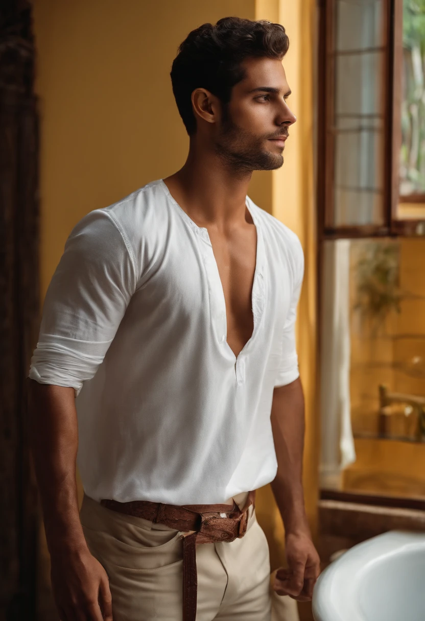 Homem branco jovem forte, sem blusa num apartamento. Only with towel at the waist.