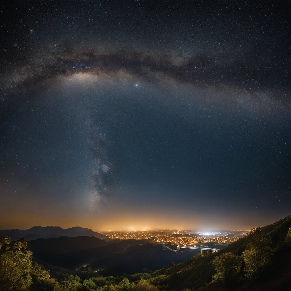 Master Parts、Superior Quality、superior image quality、The 8k quality、、Beautiful pictures of the starry sky、magnifica、Arched Milky Way:1.9、Golden City Night View:1.9