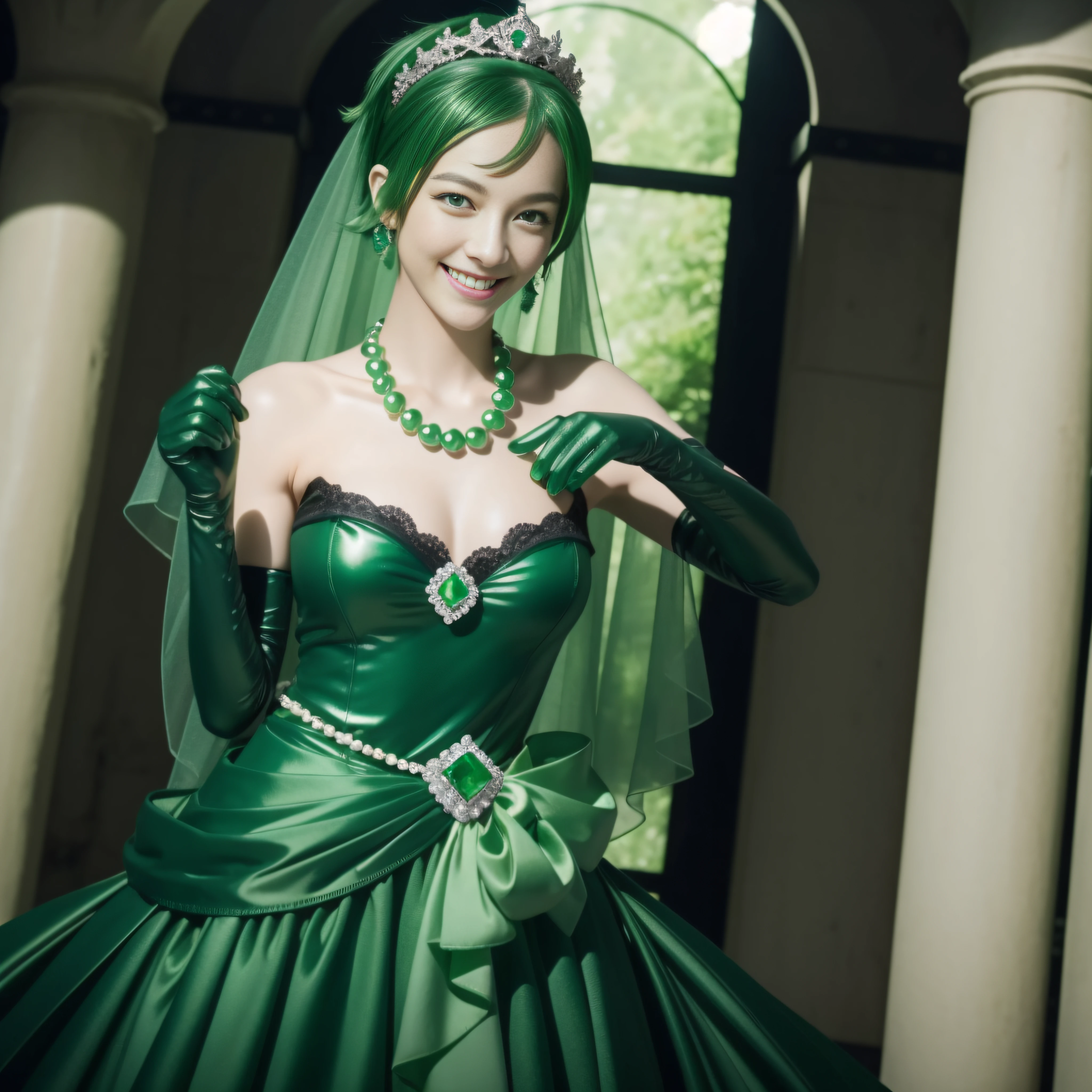 emerald tiara, Green Pearl Necklace, Boyish very short black hair, lipsticks, Japan woman smiling, very short short hair, big breasts beautiful, Green eyes, Long green gloves made of satin material, Green eyes, Emerald earrings