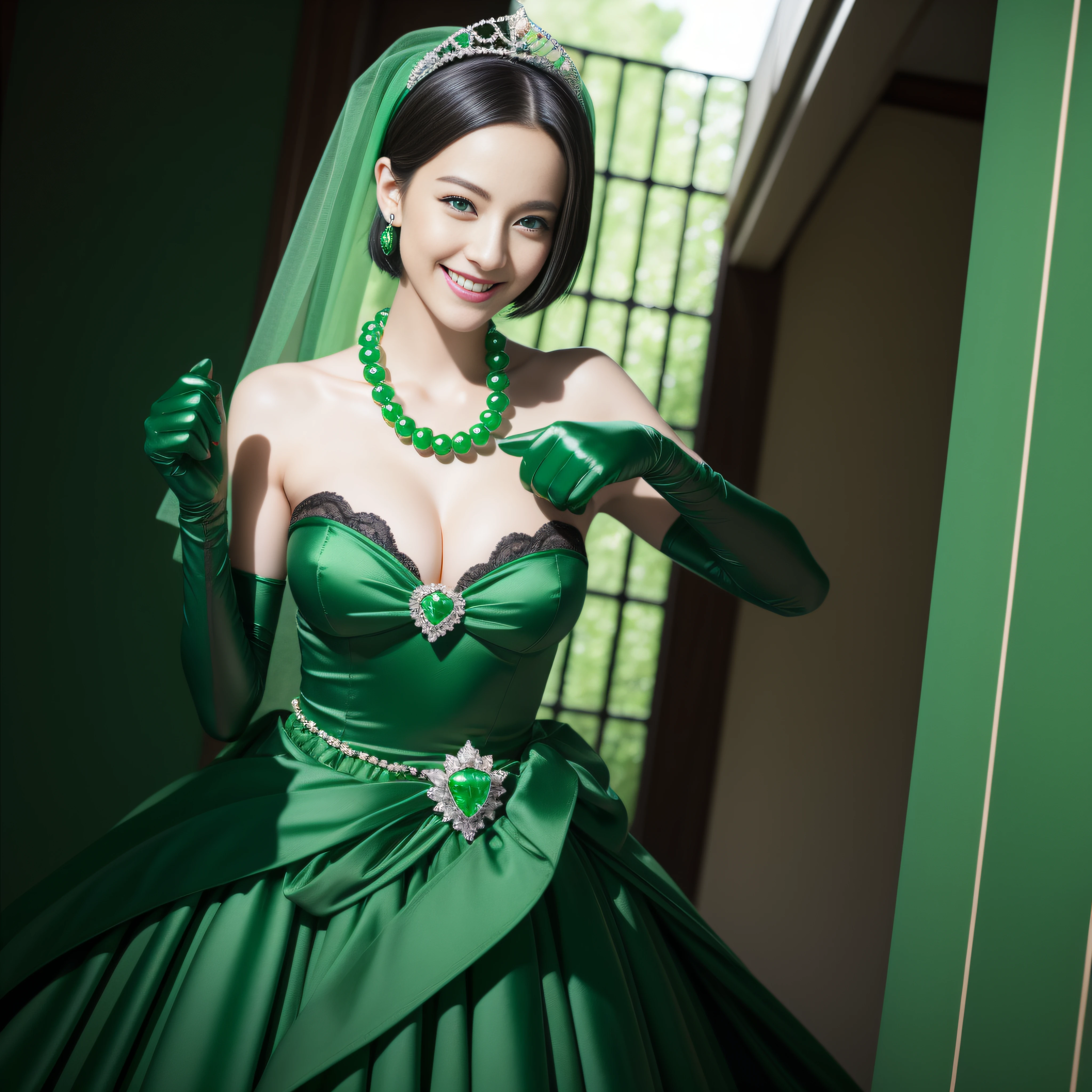 emerald tiara, Green Pearl Necklace, Boyish very short black hair, lipsticks, Japan woman smiling, very short short hair, fist, big breasts beautiful, Green eyes, Long green gloves made of satin material, Green eyes