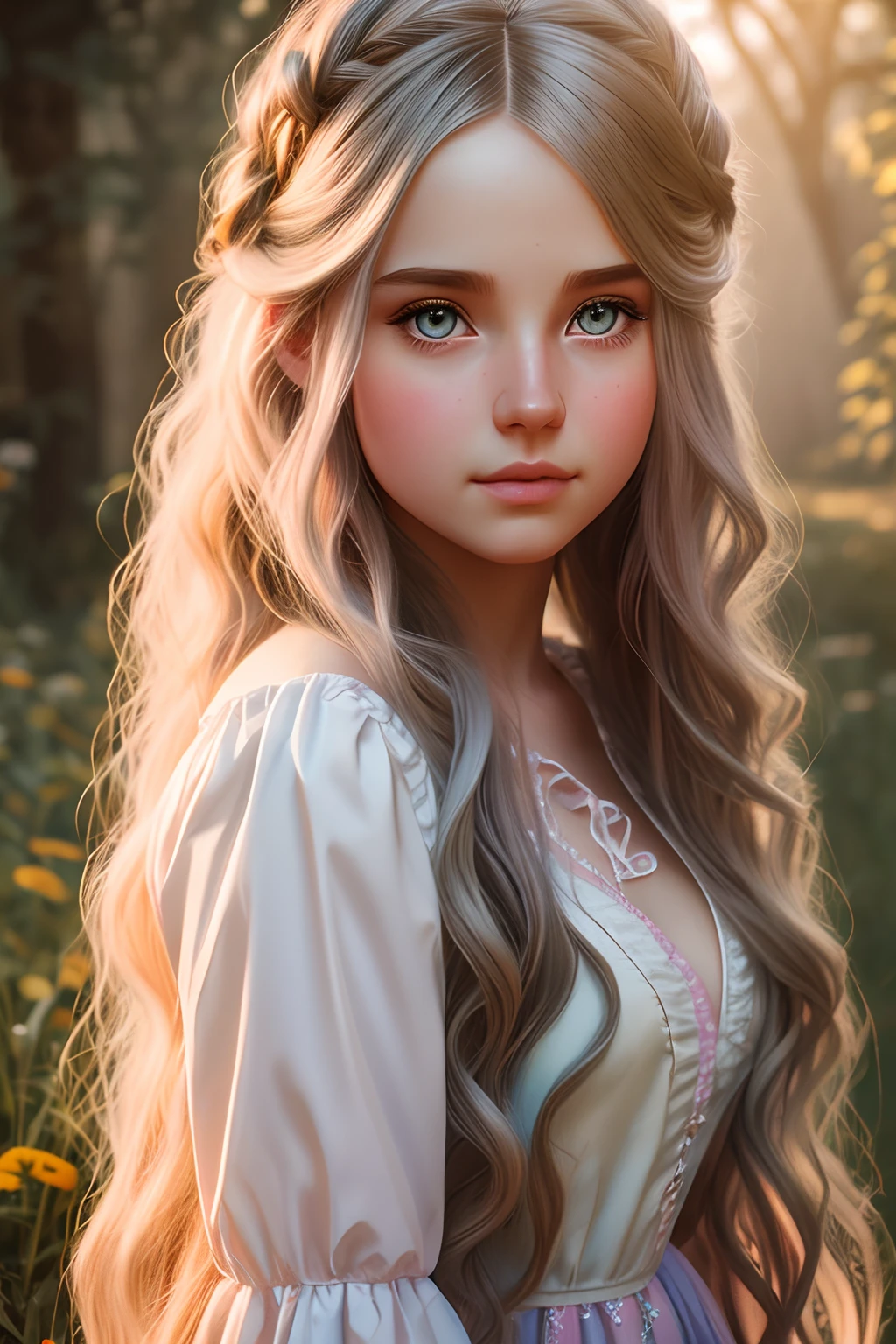 Photography image of a cute Alice in wonderland young woman, long wavy hair, fantasy, photorealistic, symmetrical face, symmetrical eyes, soft pastel colours, intricate, path tracing, illustration, insanely detailed, direct sunlight on face, path traced hair