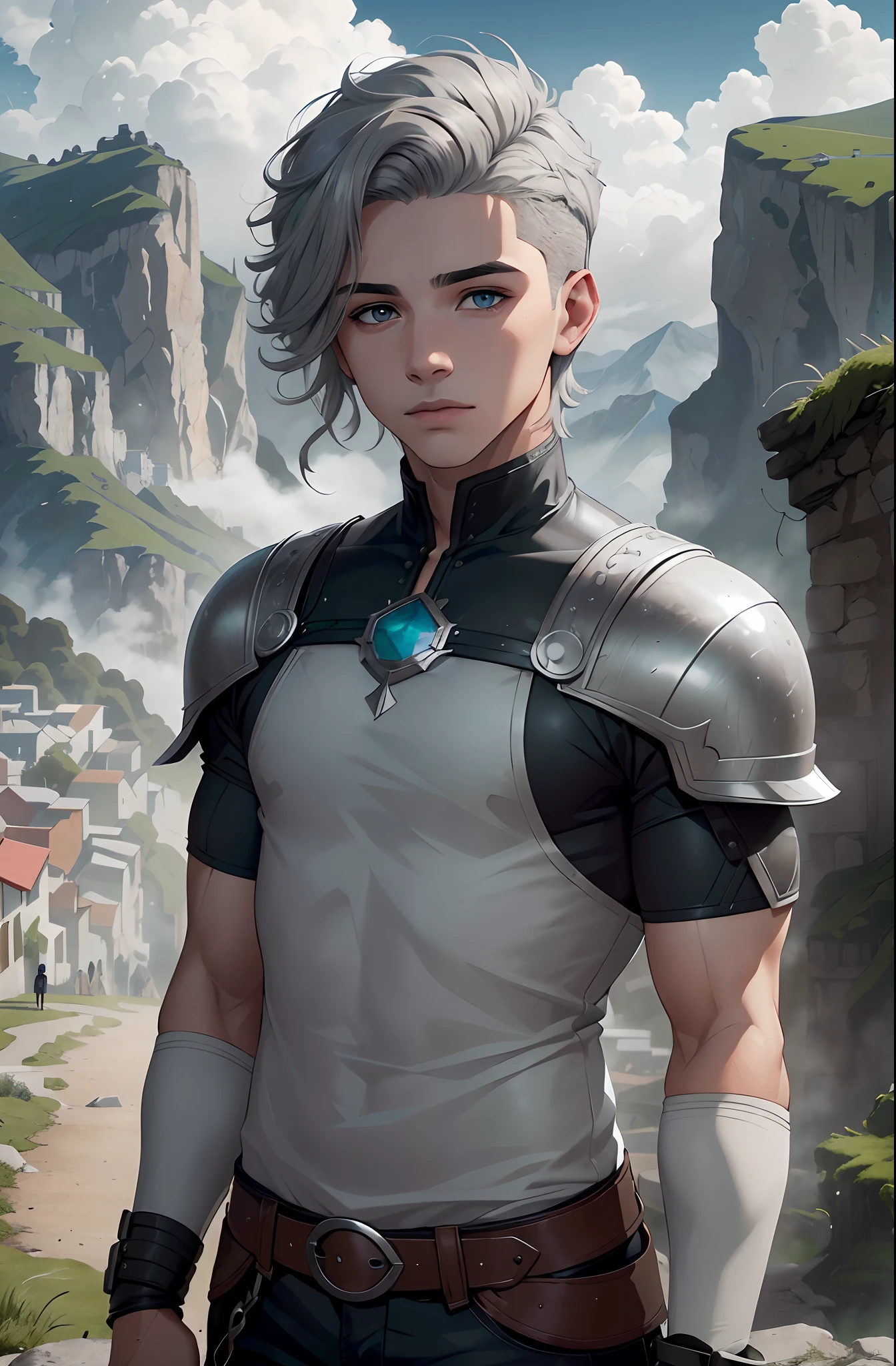(Un joven con cabello gris plateado, Los ojos grises en el fondo parecen un pueblo, and the green mist of the mountains and clouds come down from the beautiful teenage sky) viste de azul es masculino  con cabello color plateado ojos grises