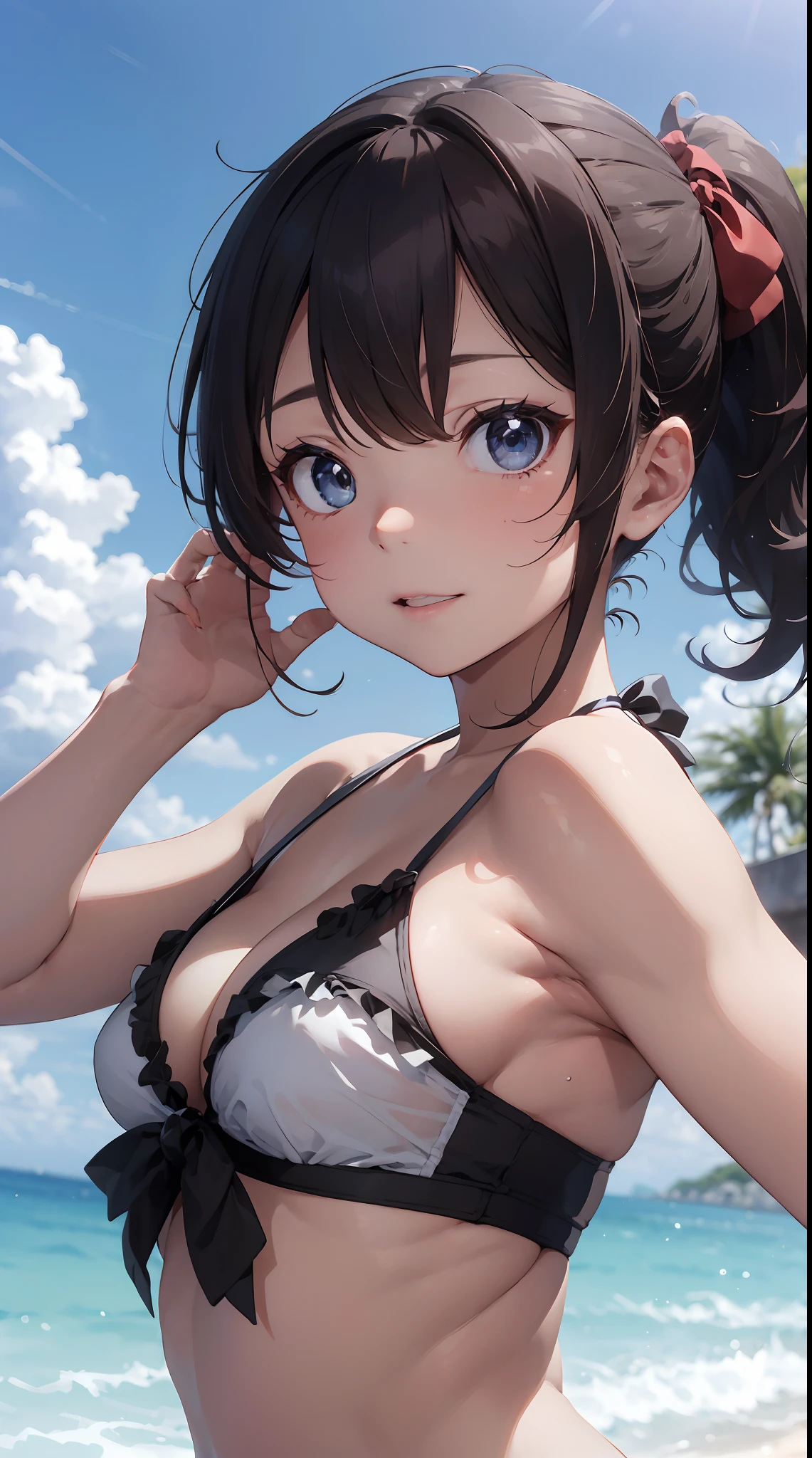Background with: Beautiful beach day。Backgrounds are intricate and detailed to the smallest detail、There is precise three-dimensional thinking。
人物: a 18 year old girl。Hairstyle is ponytail、Hair color is brown、Hair quality is curly。
Facial expressions and eyes:happy facial expression、Eyes color is honey、Realistic and complex eyes。
garments: Blue and white bikini style。 With frills and ribbon decorations。
Poses:Hands raised to the sky。
effect:The focus spreads throughout。
styles: original
Special elements: Bring out the dynamism of a girl(Girl's dynamism:1.5)、