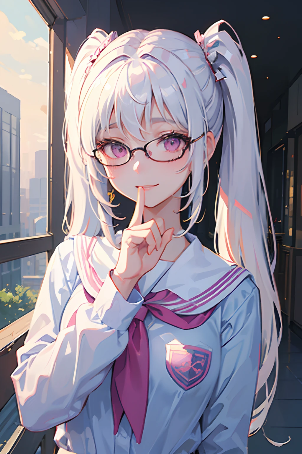 ((masterpiece, best quality)), (1girl), (solo), (female focus), (white hair, twintail),pink eyes,((school uniform)), smile, glasses, portraits, hand behind body, close up, upper body, crowded city background