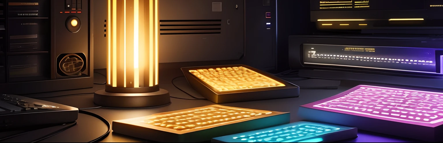 Chips de computador brilhantes em uma linha de tecnologia iluminam