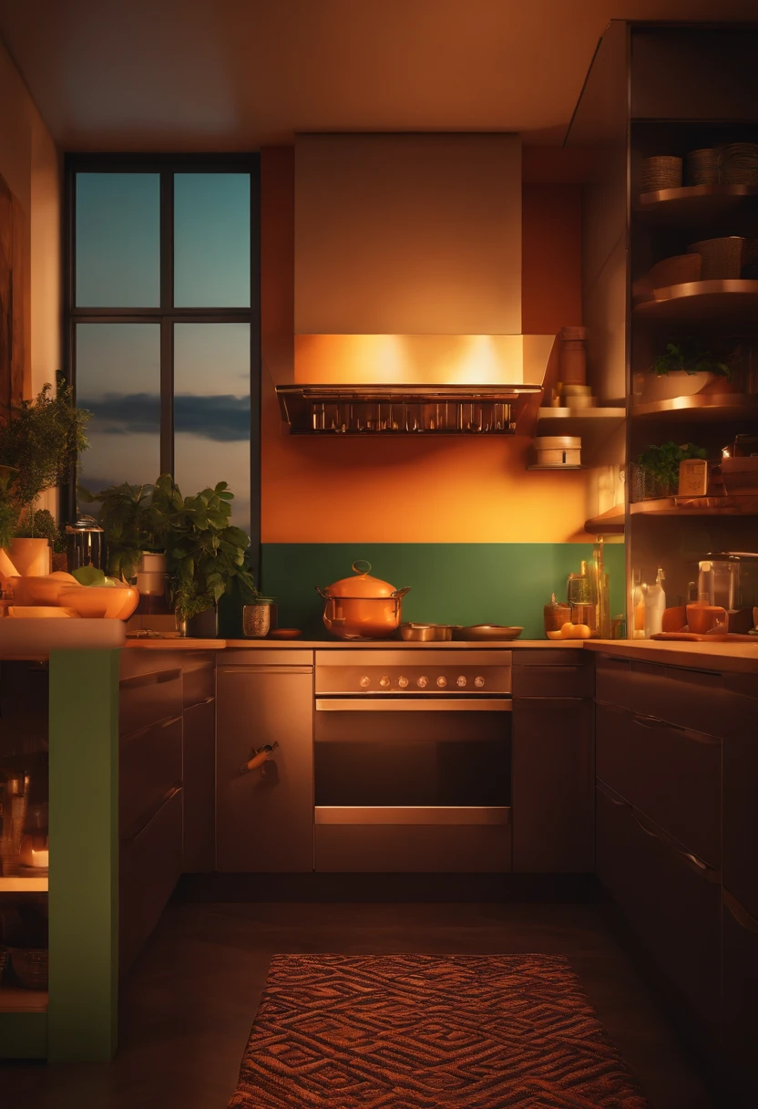 Cozinha de apartamento de luxo, Dawn with low lighting.