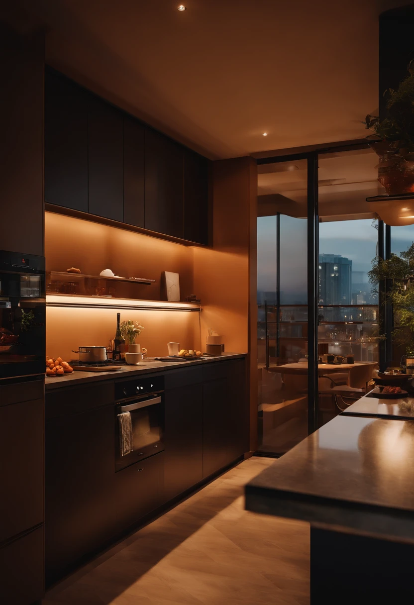 Cozinha de apartamento de luxo, Dawn with low lighting.