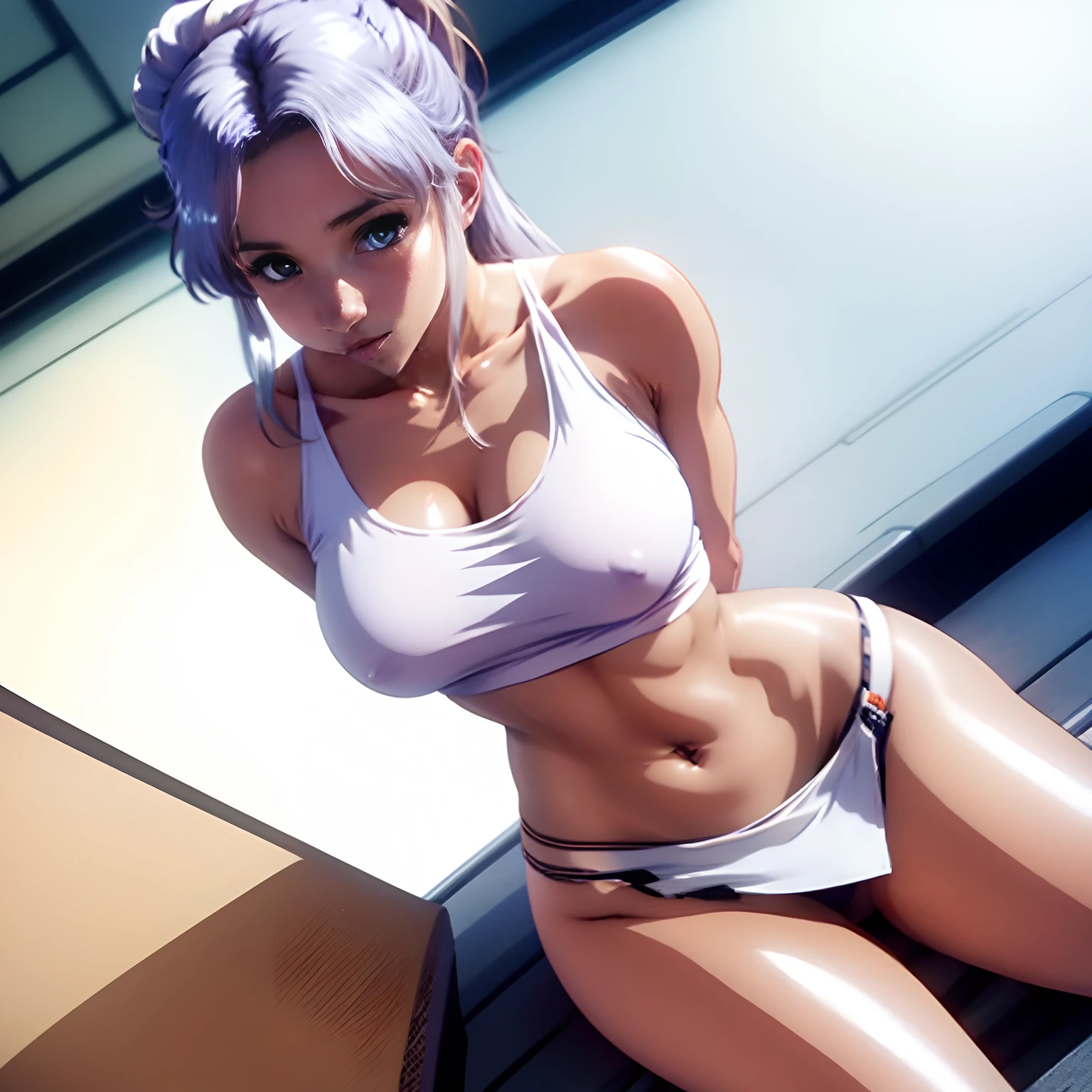 Frey Ulster、On deck、a miniskirt、White panty、Tank Tops、Glossy appearance、beautiful thigh、Beautiful facial features、Beautiful、Sexy、full body Esbian、