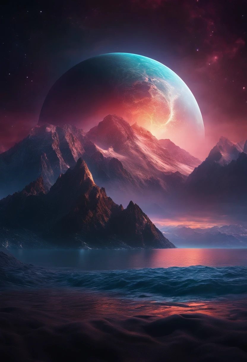 Somewhere in space. A mountain surrounded by the ocean. a planet of mysteries floating above the mountain. dark and colorful. everything is cosmic. 3D.