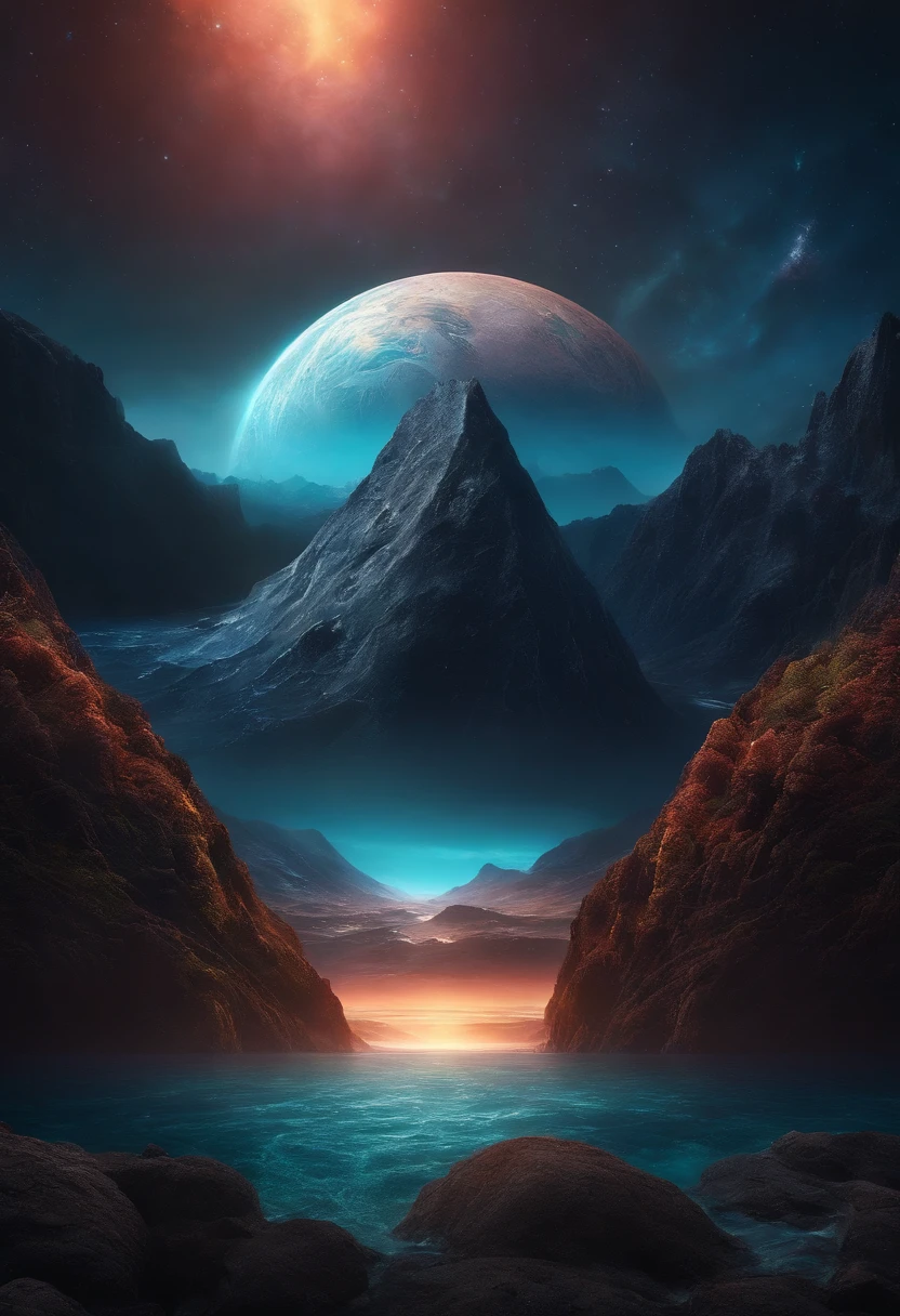 Somewhere in space. A mountain surrounded by the ocean. a planet of mysteries floating above the mountain. dark and colorful. everything is cosmic. 3D.