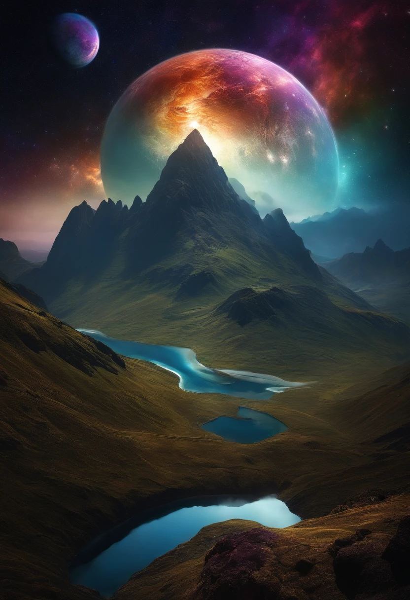Somewhere in space. A mountain surrounded by the ocean. a planet of mysteries floating above the mountain. dark and colorful. everything is cosmic. 3D.