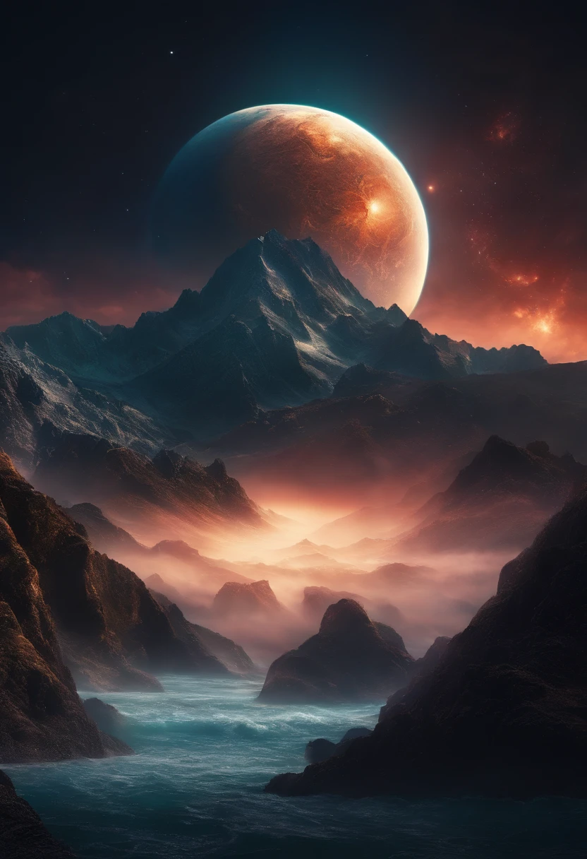 Somewhere in space. A mountain surrounded by the ocean. a planet of mysteries floating above the mountain. dark and colorful. everything is cosmic. 3D.
