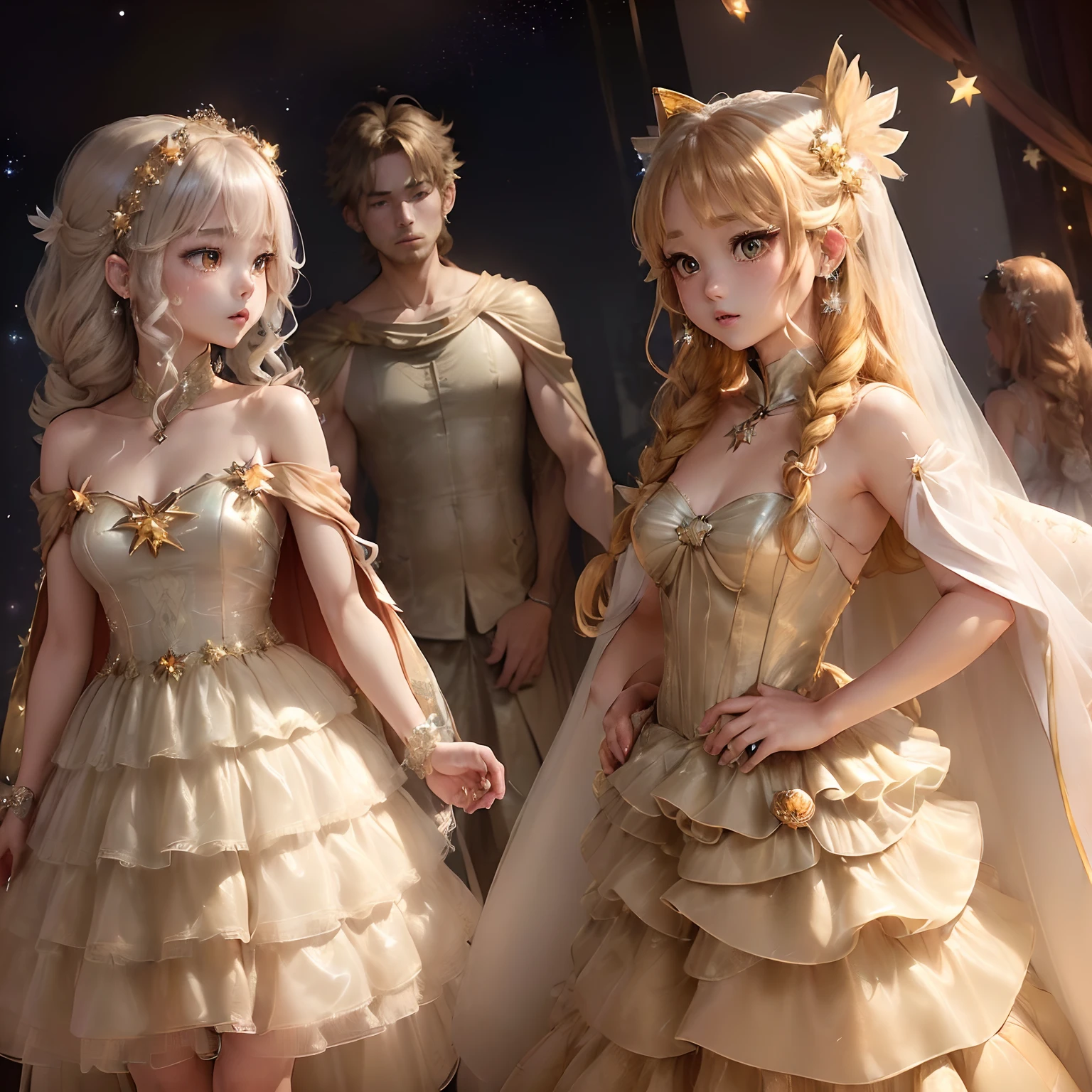 Cute Chibi Anime,(((chibi3d)))(best qualtiy)(masterpiece)。(light pink colorのshaggy long hair:1.5) (Big patina golden eyes:1.4)(白いEightSTAR Dress 2-Way Fishtail Wedding Dress, Party Dress, Bare-Top, Cape Dress, A-Line, See-through, Invitations, Wearing After-Parties:1.5)。Feather hair ornament reminiscent of an angel、Platinum and amber luxuriously decorated earrings。 。The background is creating a very fantastic autumn twilight with a galaxy of stars。Standing、Small face、petibody、(tchibi:1.2)
