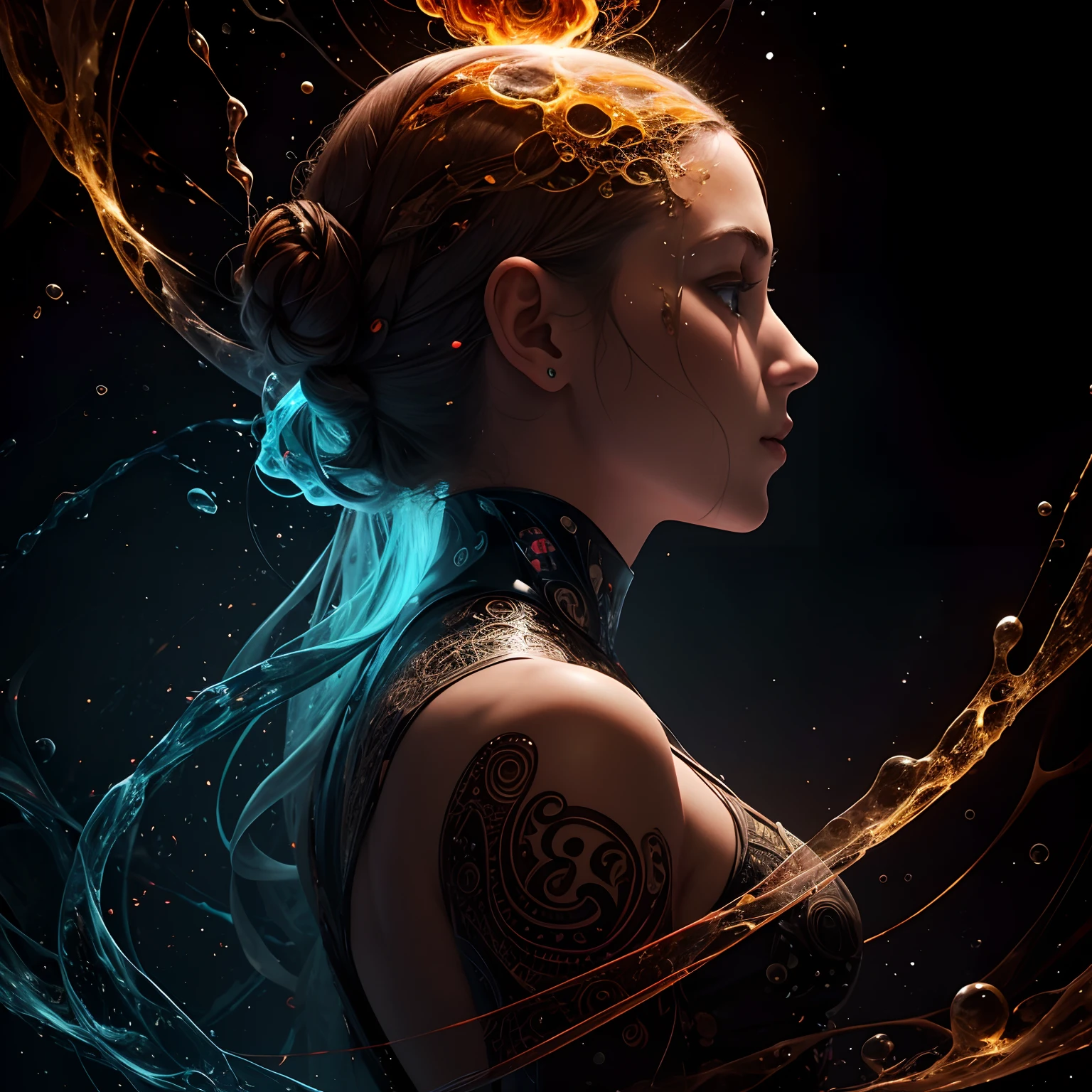 Envision a scene where a person's profile is intertwined with the intricate patterns created by chemical reactions, revealing a fusion of human and abstract elements."