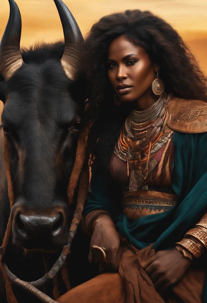 black skin warrior woman ride buffalo