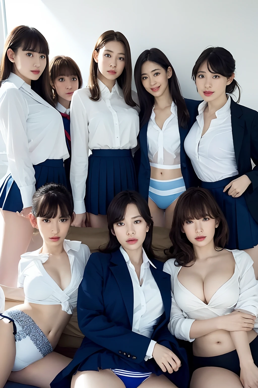 masutepiece, Best Quality, Five girls in the classroom,(5 people standing:1.2),Standing,age, Looking at Viewer,l Group shot, harems,nffsw,Retro underwear, (pantiy),Realistic,School uniform,(Dark blue blazer and white shirt) ,(Dark blue pleated skirt),Blue Ribbon ,(Looking back, ass grab:0.9),(Beautiful eyes:1.3),frombelow,From below,Kinney,(skinny:1.2) ,Slender thighs, Long body, novel illustration,(Smelly eyes:0.5),closed curtains,(shirts lift,lifted by self:1.5) ,Dark Persona.Skirt lift front,(Panties:1.3),