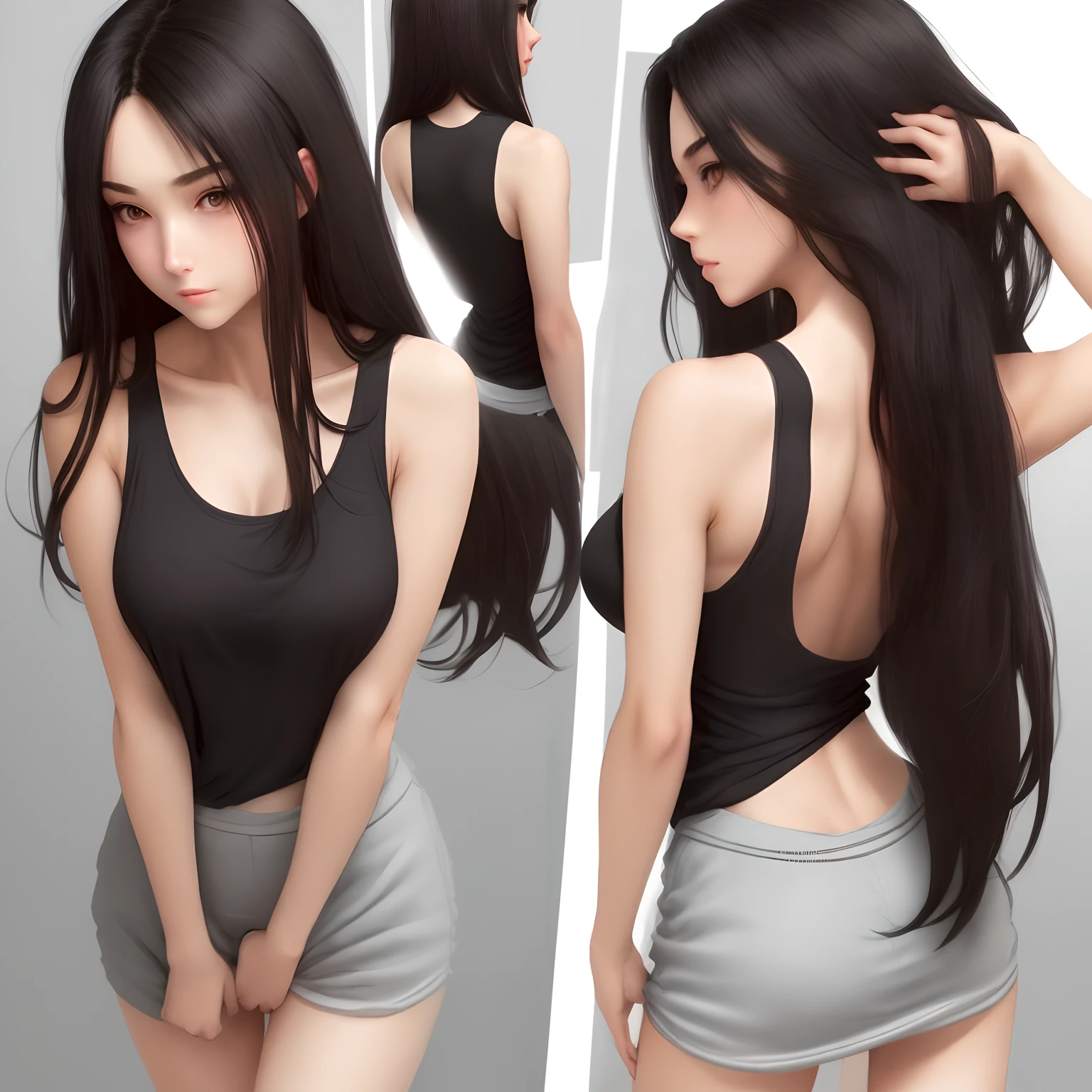 A dark-haired, Long hair, Sexy body, Soft expression,Ultra Super Short Tank Top,T back,M-shaped legs