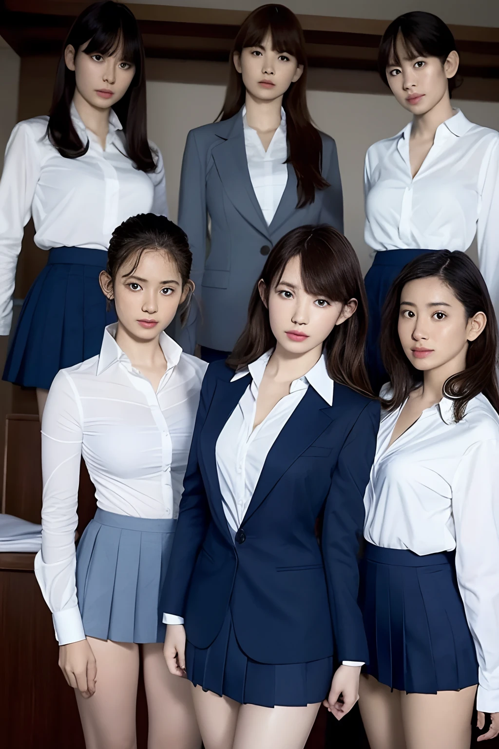 masutepiece, Best Quality, Five girls in the classroom,(5 people standing:1.2),Standing,Teenage, Looking at Viewer,l Group shot, harems,nffsw,full back panties, (pantiy),Realistic,School uniform,(Dark blue blazer and white shirt) ,(Dark blue pleated skirt),Blue Ribbon ,(Looking back, ass grab:0.9),(Beautiful eyes:1.3),frombelow,From below,Kinney,(skinny:1.2) ,Slender thighs, Long body, novel illustration,(Smelly eyes:0.5),closed curtains,(shirts lift,lifted by self:1.5) ,Dark Persona.Skirt lift front,