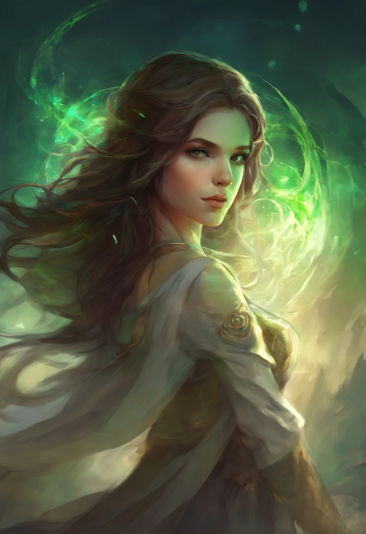 1girl, rosto, medium brown hair, olhos verdes, veStir jaqueta preta de couro, sentimento (raiva, Hatred), Dark scenery with fantasy shadows sticking out of your fingers