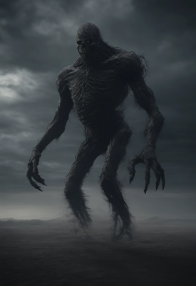 Gigantic creature walking across a plain in the distance, nevoeiro, neblina, nuvens escuras, sombrio ,supense, monstro, Sobrenatural, octan render, Motor irreal, fotorrealista, hiper realismo, altamente detalhado, alta qualidade, intrinsecamente detalhado,Volumetric lighting, personagem completo, 4k, ,disco Rigido ,Full HD, 8k, RTX, high resolution, sombras detalhadas, incrivelmente detalhado, perfeito, Dramatic scale