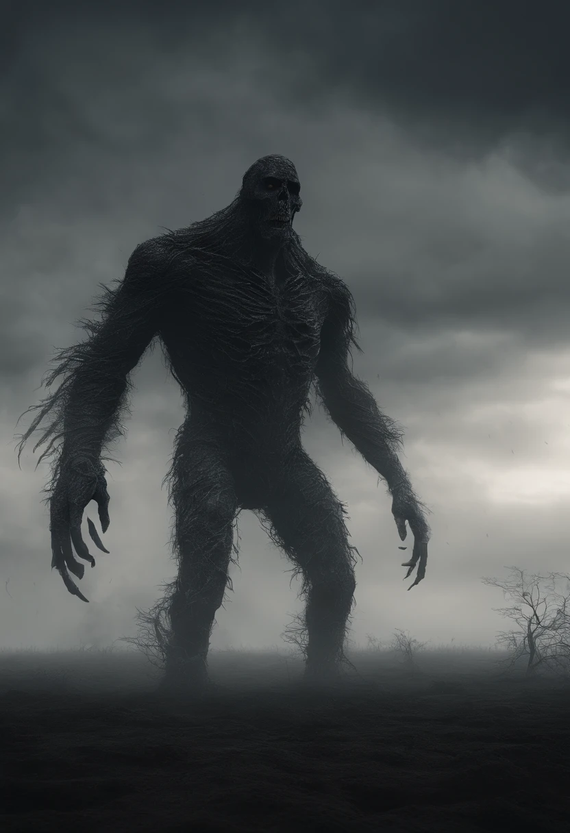 Gigantic creature walking across a plain in the distance, nevoeiro, neblina, nuvens escuras, sombrio ,supense, monstro, Sobrenatural, octan render, Motor irreal, fotorrealista, hiper realismo, altamente detalhado, alta qualidade, intrinsecamente detalhado,Volumetric lighting, personagem completo, 4k, ,disco Rigido ,Full HD, 8k, RTX, high resolution, sombras detalhadas, incrivelmente detalhado, perfeito, Dramatic scale