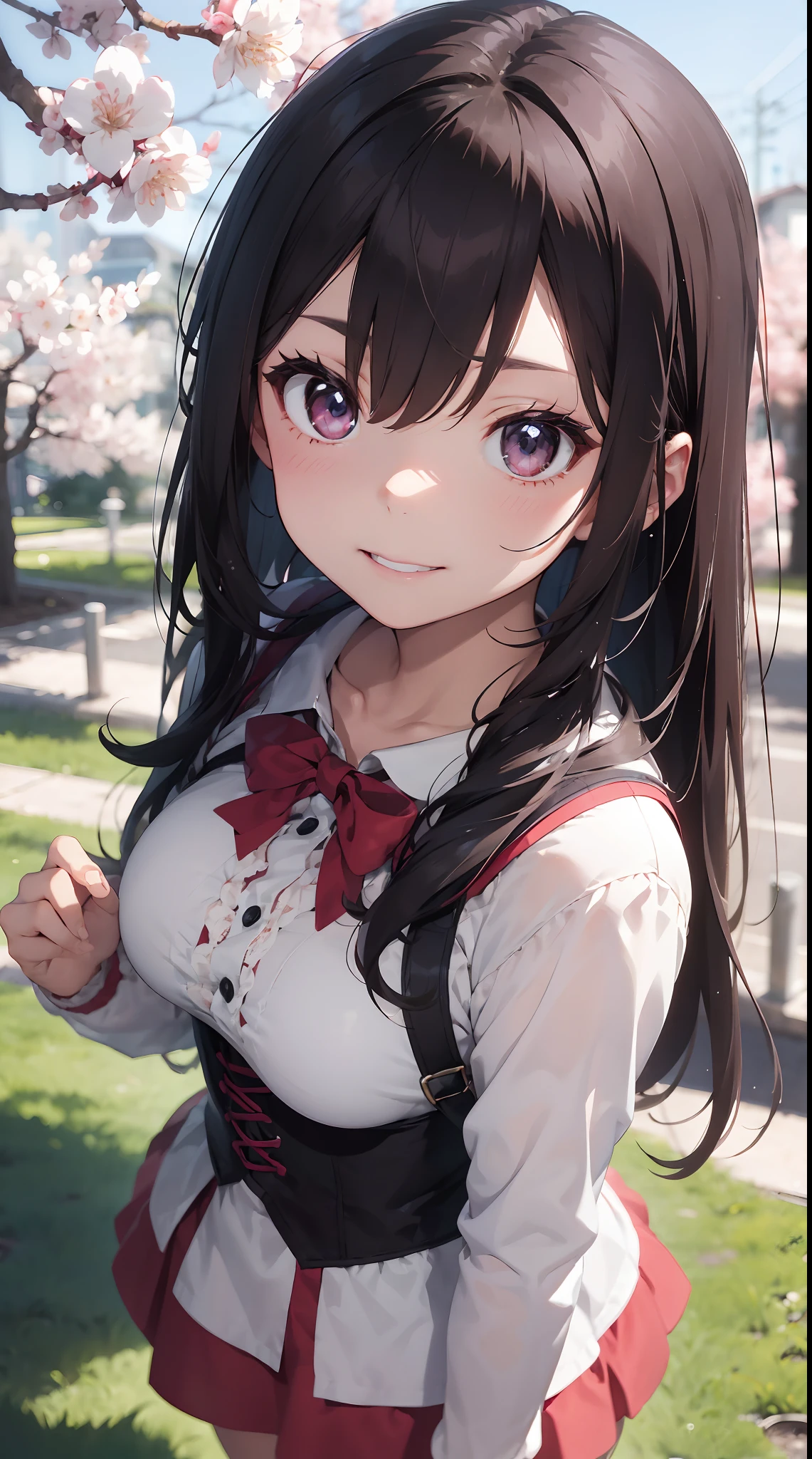 Background with: A park with cherry blossoms blooming at dusk。 Backgrounds are intricate and detailed to the smallest detail、There is a meticulously three-dimensional thinking。
人物: girl。Hairstyle is long hair、Hair color is pink、Hair is beautiful and straight。Cherry blossoms for hair ornament。
Facial expressions and eyes: a smile、Eyes are emerald green、Realistic and complex eyes。
garments:Long sleeve dress with white and pink ruffles。The length of the skirt is up to the knee。Corsets and ribbons、With lace decoration。
Poses:Holding a cherry blossom in his right hand。
effect:Looks cute with the fisheye effect(cuteness:1.3)。Focus hits from above on the face。
styles: Yoshitaka Amano
Special elements:Create dynamism(Dynamism:1.5)