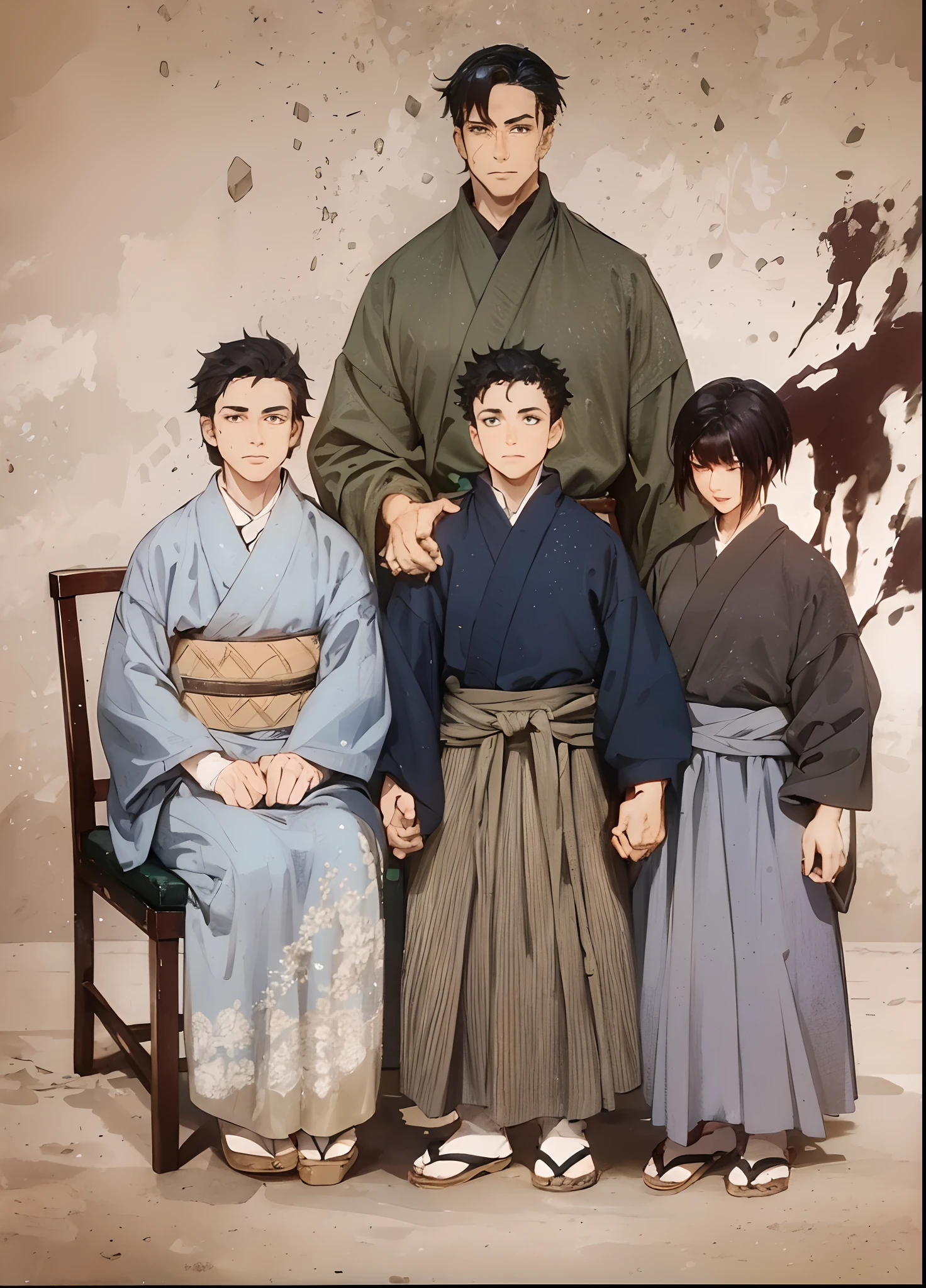 A family of 4 elves, 1 mulher mais velha,um homem forte, e dois garotos