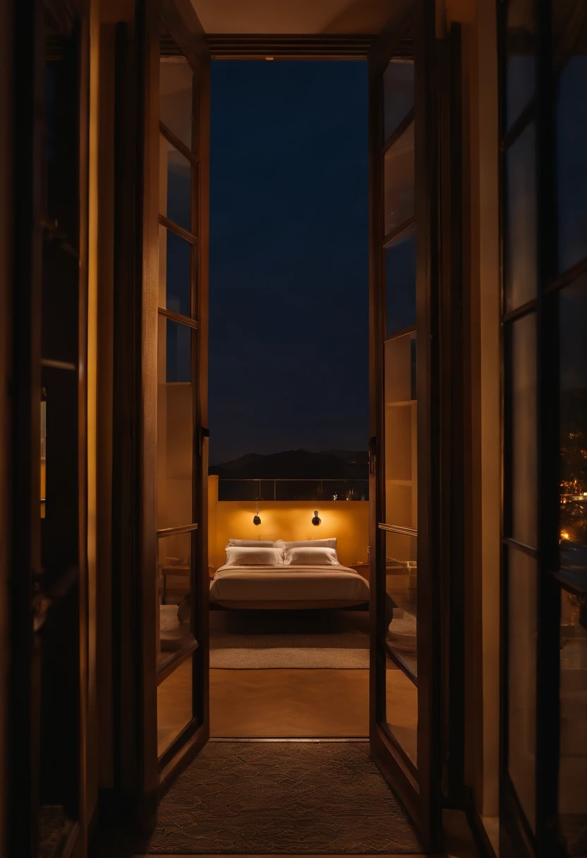Uma porta aberta, em um quarto a noite. Low lighting. Devem ter detalhes de um apartamento moderno.