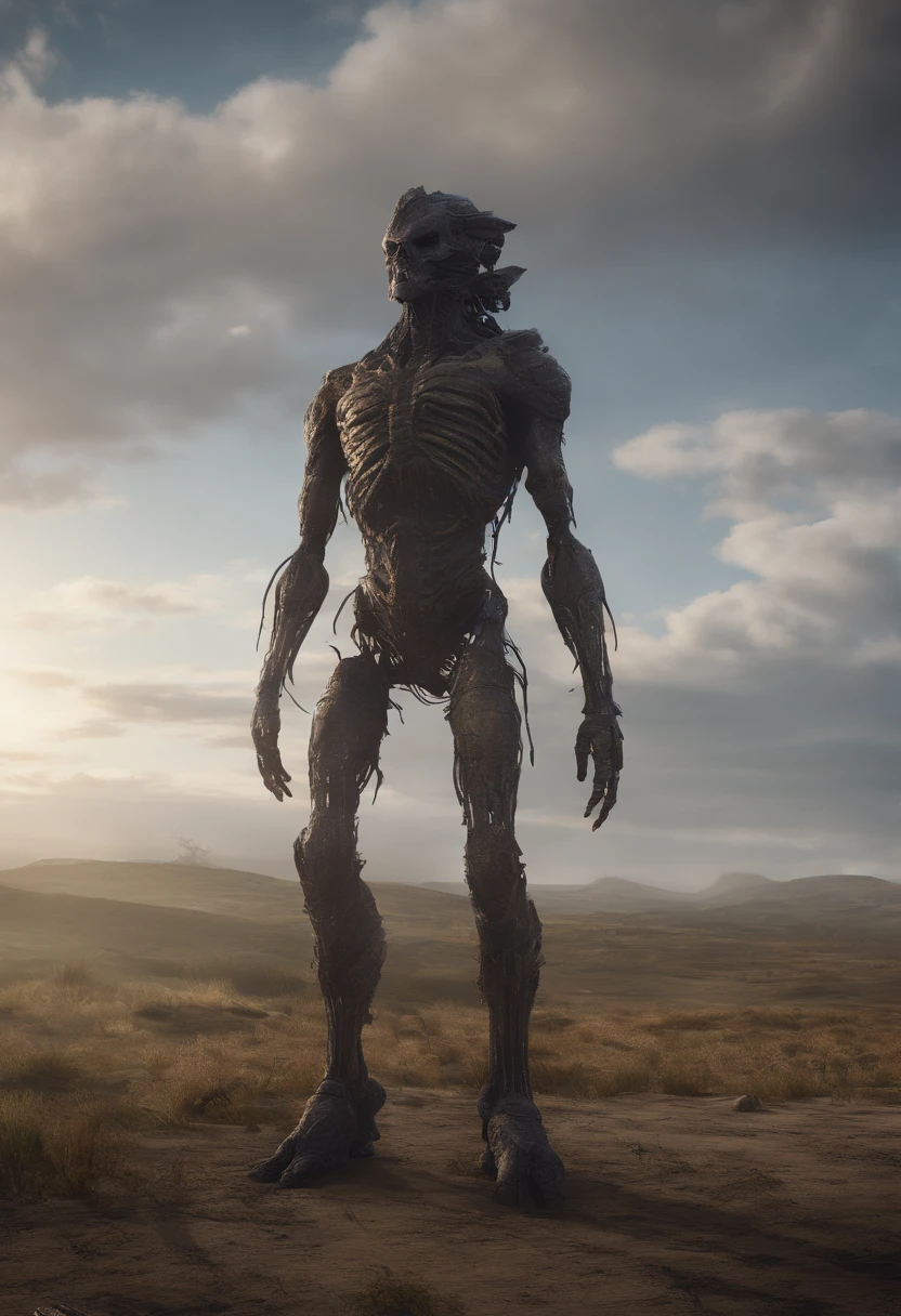 Gigantic creature walking across a plain in the distance, nevoeiro, neblina, nuvens escuras, sombrio ,supense, monstro, Sobrenatural, octan render, Motor irreal, fotorrealista, hiper realismo, altamente detalhado, alta qualidade, intrinsecamente detalhado,Volumetric lighting, personagem completo, 4k, ,disco Rigido ,Full HD, 8k, RTX, high resolution, sombras detalhadas, incrivelmente detalhado, perfeito, Dramatic scale
