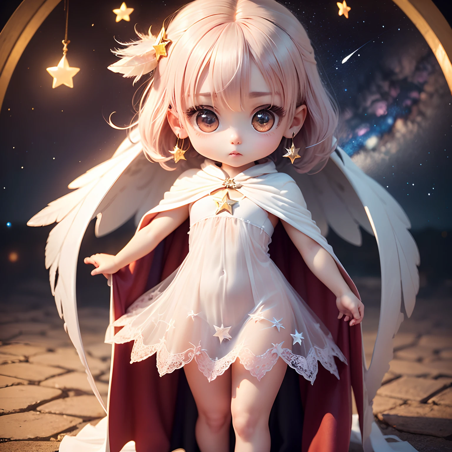 1People e Babibi Anime,(((Chibi 3D)))(best qualtiy)(masterpiece)。(shaggy long hair of pale pink color,,:1.5) (golden eyes with a large patina,,:1.4)(White Eight Star Dress 2 Way Fishtail Party Dress, baretop, Cape Dress, A-Line, See-through, :1.5)。Feather ornament reminiscent of an angel、Luxuriously decorated earrings in platinum and amber、(Chibi:1.3)、Very fantastic autumn dusk with galaxy on star background、Standing、a small face、petite y