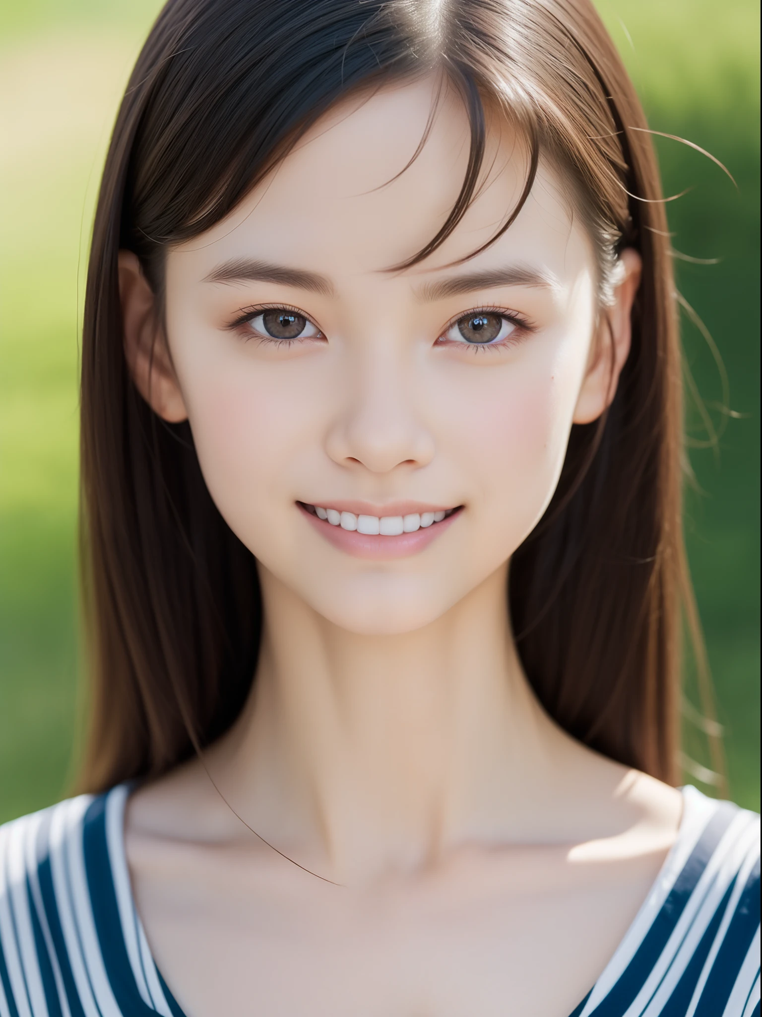 high definition image, bust portrait, ((round face)), eyes realistic sizing, drooping eyes, smiling, small breasts, jacket, (((large swollen areolas, nipples))), (closeup breasts, armpit), braid, (streaked hair), (ecstasy face), ((on the street, trees, medieval European buildings, (big sky, clouds above her head), dark hour of down)),