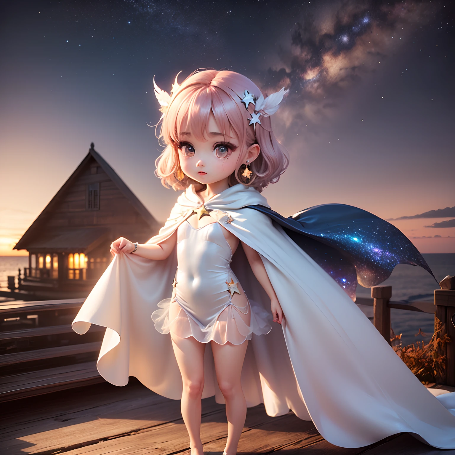 1People e Babibi Anime,(((Chibi 3D)))(best qualtiy)(masterpiece)。(shaggy long hair of pale pink color,,:1.5) (golden eyes with a large patina,,:1.4)(White Eight Star Dress 2 Way Fishtail Party Dress, baretop, Cape Dress, A-Line, See-through, :1.5)。Feather ornament reminiscent of an angel、Luxuriously decorated earrings in platinum and amber、(Chibi:1.3)、Very fantastic autumn dusk with galaxy on star background、Standing、a small face、petite y