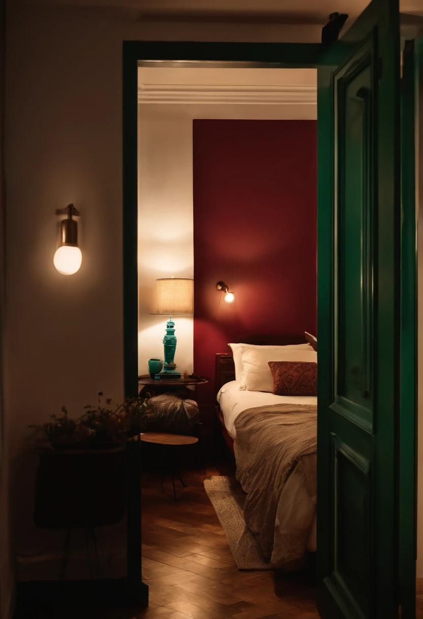 Uma porta aberta, em um quarto a noite. Low lighting. Devem ter detalhes de um apartamento de luxo. Cores usadas devem ser brancas.