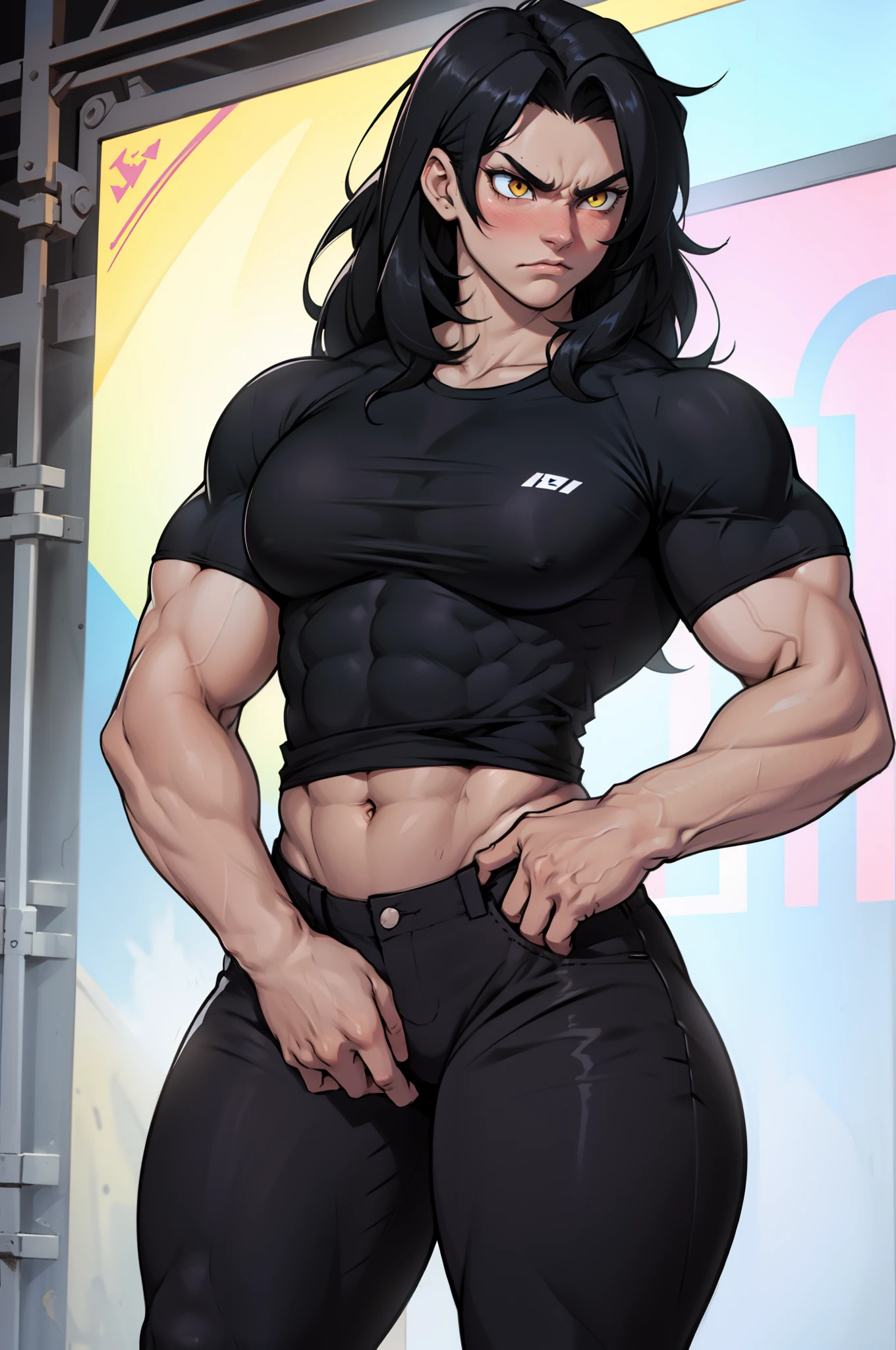 (1girl), extremely long hair, solo, ((muscular)), veins, black hair, yellow eyes, blushing, thick thighs, pale skin, strong, veins, abs, big thighs, huge breasts, navel, standing, angry, tight pants, tight shirt