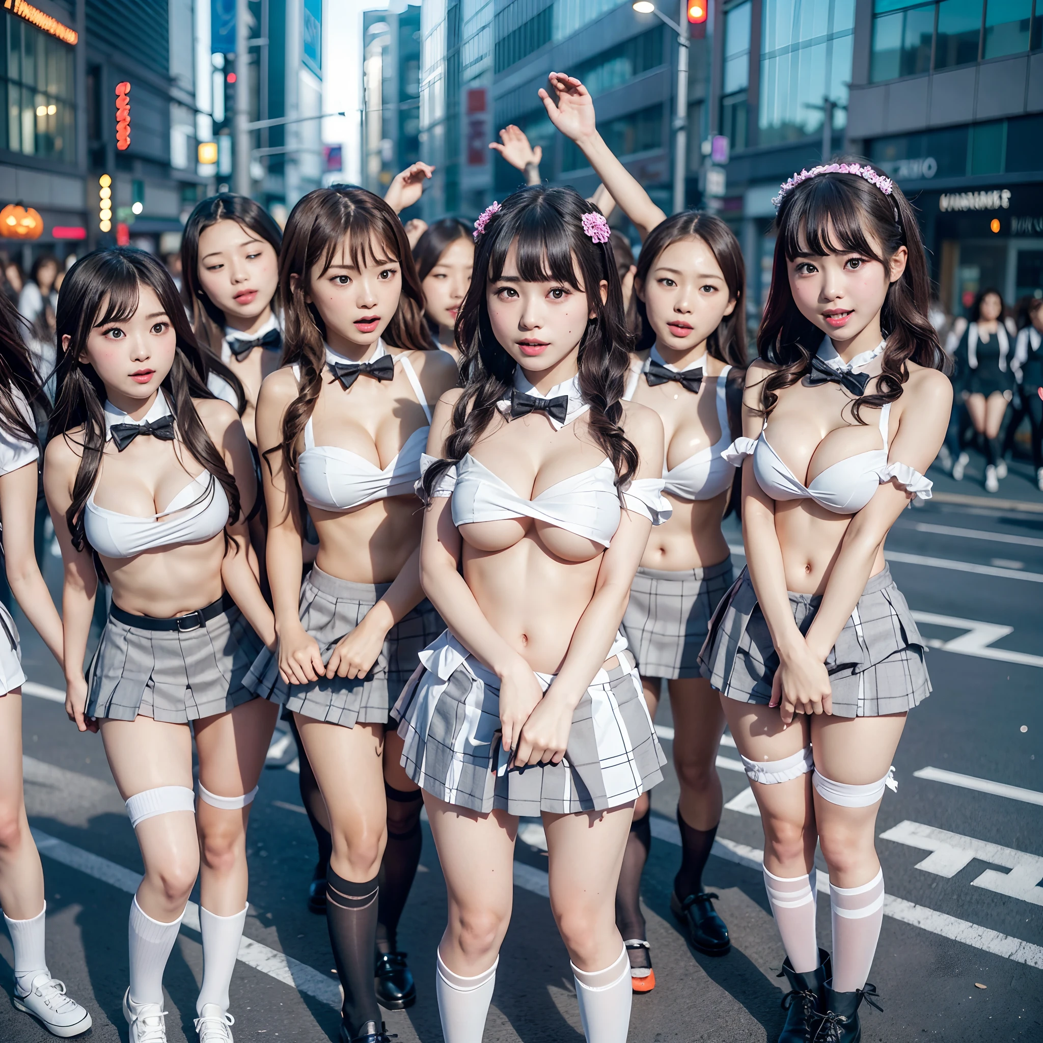 (((SFW, 12 Tiny Girls in a row:1.2, Shibuya Hachiko-mae scramble crossing on Halloween:1.2))), (masterpiece:1.2, best quality, photorealistic:1.37), {(Standing Full Body:1.2)|(from below:1.2)}, short silver hair, {School Uniform|naked bandage|tutu}, (Detailed KAWAII face, Detailed Oily Porcelain skin), {Bustling street|(Passerby schoolgirls)| halloween| neon}, {(Childish:1.2|Gigantic Cleavage:1.37|Underboob:1.2)}, {flower wreath|Red leather high collar}, {Floating hair|Strong wind|Ass focus},{:p|:d|laugh|sparkle|joyful|delighted},extremely Detailed,