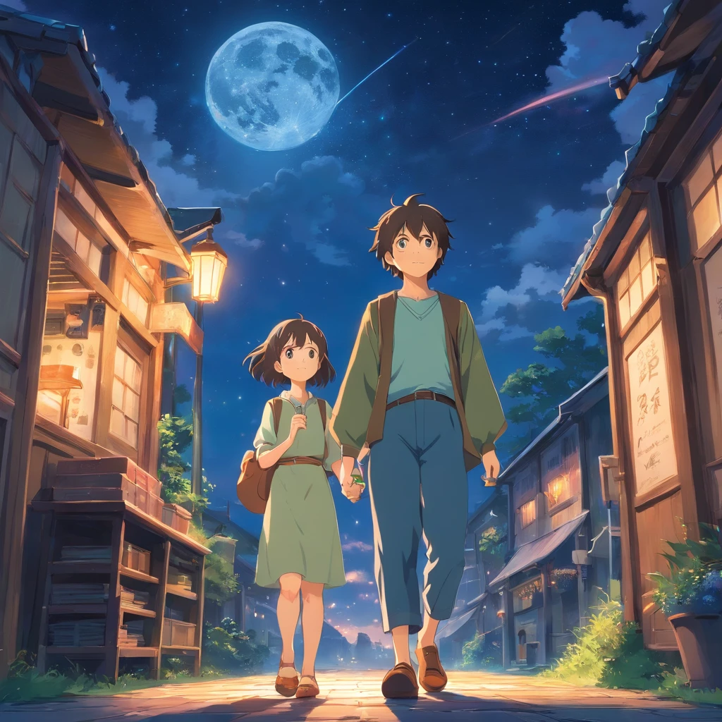 Create a look with a charming atmosphere, based on the book "The Hobbit". In this image,, include the characters Gandala and Frodo, Both explore the night scene, full of wonders. Add a starry sky with smiling stars and a friendly observing moon. In addition, Insert a translucent spirit with a friendly and striking appearance, Like a magical guide on a night journey. Use courtesy, Bright colors to create a fun and magical environment. Unleash your creativity and capture a sense of adventure and mystery, which is conveyed by the book.