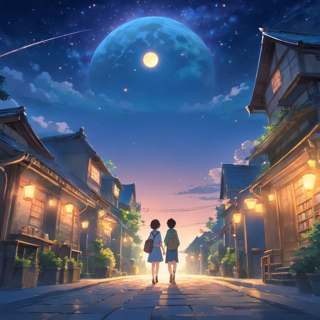 Create a look with a charming atmosphere, based on the book "The Hobbit". In this image,, include the characters Gandala and Frodo, Both explore the night scene, full of wonders. Add a starry sky with smiling stars and a friendly observing moon. In addition, Insert a translucent spirit with a friendly and striking appearance, Like a magical guide on a night journey. Use courtesy, Bright colors to create a fun and magical environment. Unleash your creativity and capture a sense of adventure and mystery, which is conveyed by the book.