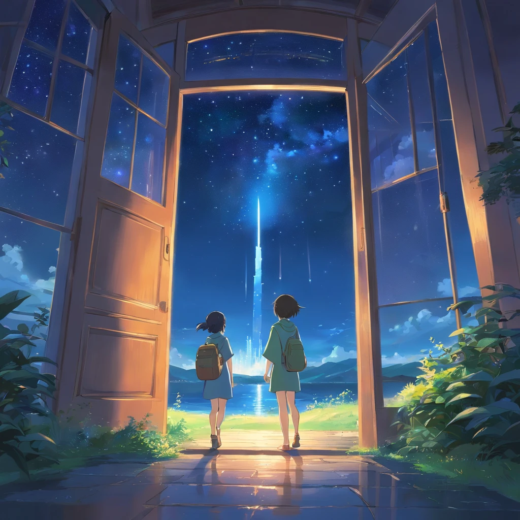 Create a look with a charming atmosphere, based on the book "The Hobbit". In this image,, include the characters Gandala and Frodo, Both explore the night scene, full of wonders. Add a starry sky with smiling stars and a friendly observing moon. In addition, Insert a translucent spirit with a friendly and striking appearance, Like a magical guide on a night journey. Use courtesy, Bright colors to create a fun and magical environment. Unleash your creativity and capture a sense of adventure and mystery, which is conveyed by the book.