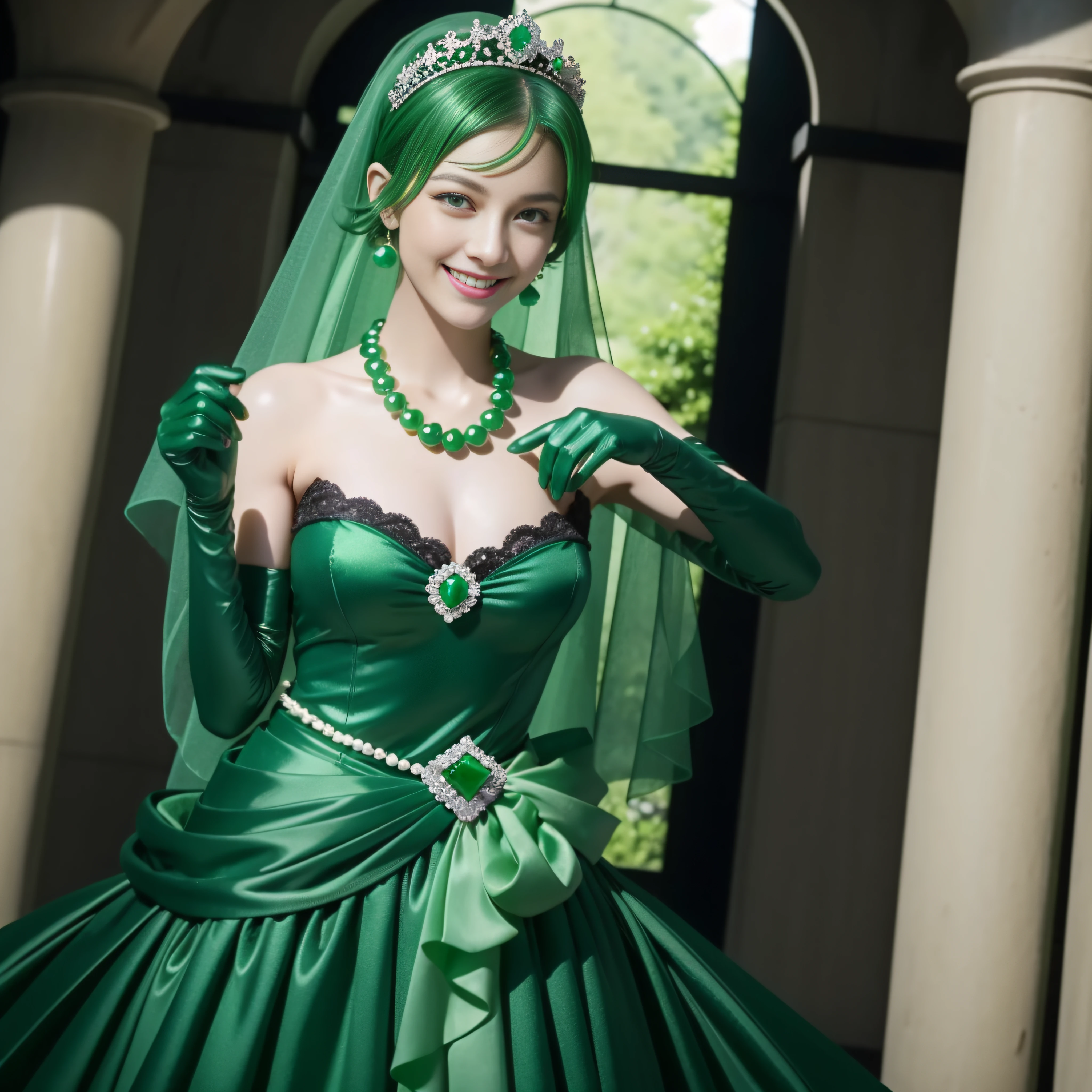 emerald tiara, Green Pearl Necklace, Boyish very short green hair, lipsticks, Japan woman smiling, very short short hair, big breasts beautiful, Green eyes, Long green gloves made of satin material, Green eyes, Emerald Earrings