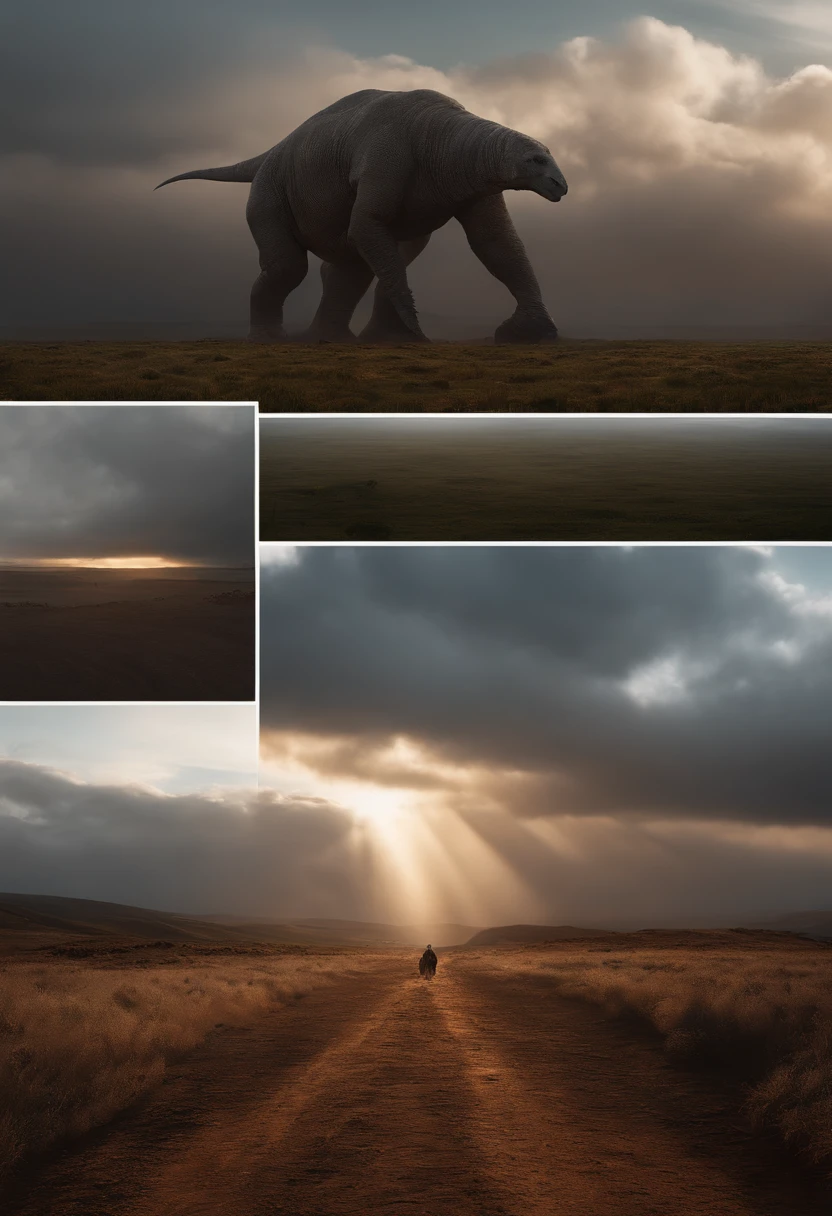 Gigantic creature walking across a plain in the distance, nevoeiro, neblina, nuvens escuras, sombrio ,supense, monstro, Sobrenatural, octan render, Motor irreal, fotorrealista, hiper realismo, altamente detalhado, alta qualidade, intrinsecamente detalhado,Volumetric lighting, personagem completo, 4k, ,disco Rigido ,Full HD, 8k, RTX, high resolution, sombras detalhadas, incrivelmente detalhado, perfeito, Dramatic scale