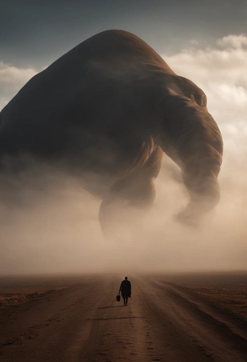 Gigantic creature walking across a plain in the distance, nevoeiro, neblina, nuvens escuras, sombrio ,supense, monstro, Sobrenatural, octan render, Motor irreal, fotorrealista, hiper realismo, altamente detalhado, alta qualidade, intrinsecamente detalhado,Volumetric lighting, personagem completo, 4k, ,disco Rigido ,Full HD, 8k, RTX, high resolution, sombras detalhadas, incrivelmente detalhado, perfeito, Dramatic scale