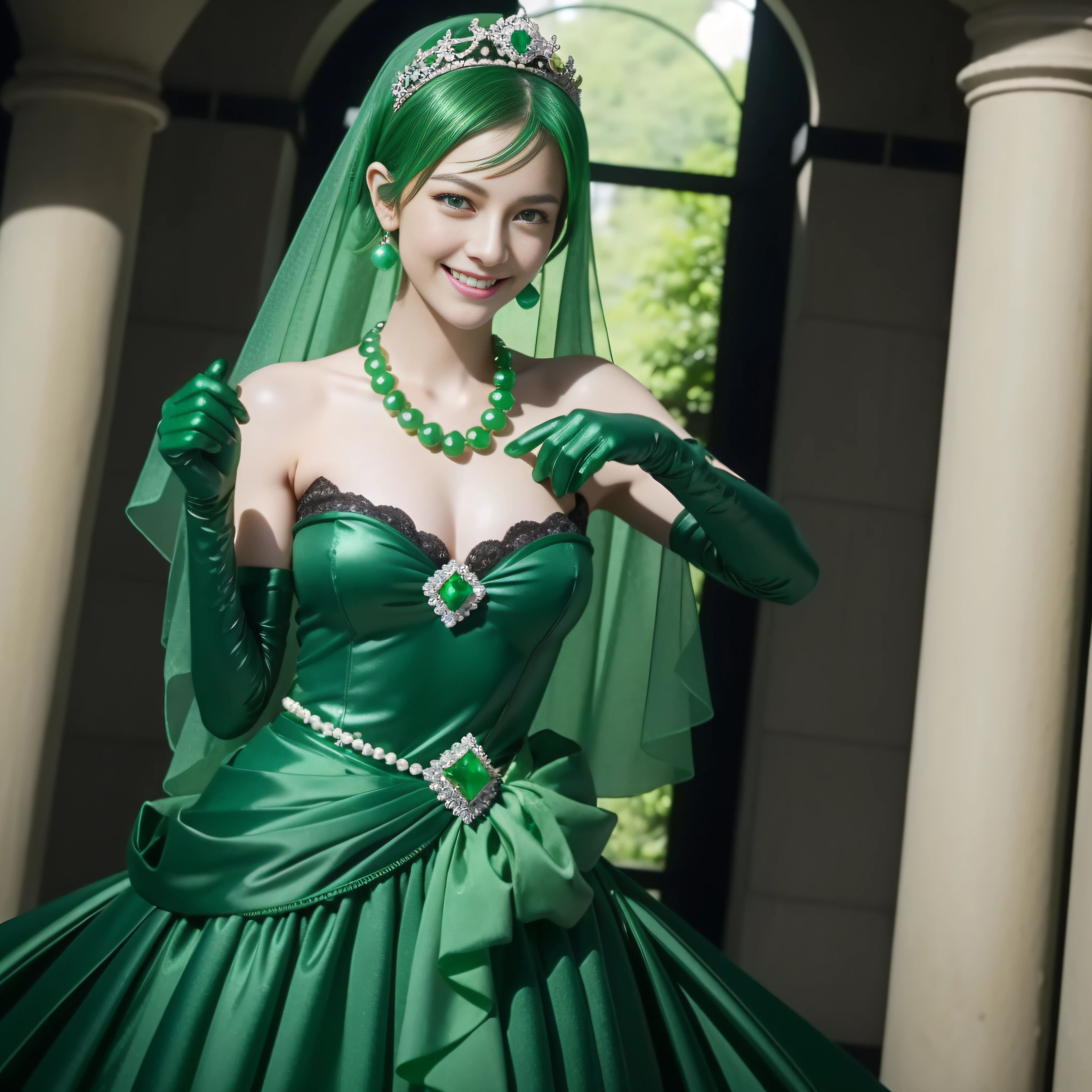 emerald tiara, Green Pearl Necklace, Boyish very short green hair, lipsticks, Japan woman smiling, very short short hair, big breasts beautiful, Green eyes, Long green gloves made of satin material, Green eyes, Emerald Earrings
