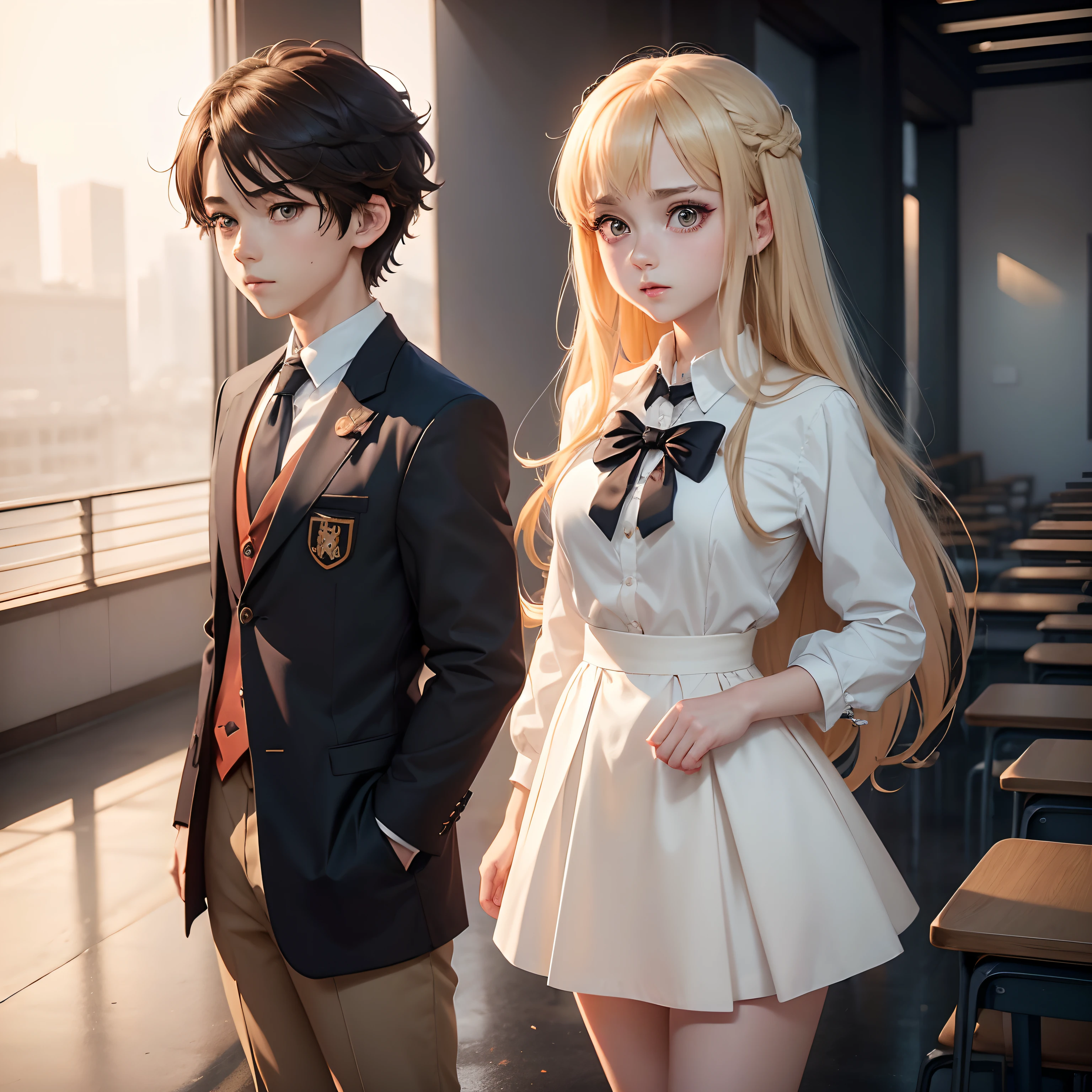 (1 girl: 1.3), (anime boy: 1.3), (standing together: 1.3), (big eyes: 1.2), splash art anime Lolita, blonde anime girl with long hair, (brunette anime boy with short hair: 1.5), smooth anime CG art, animation art wallpaper 8k, 4k comic wallpaper, (in school uniform: 1.3)
