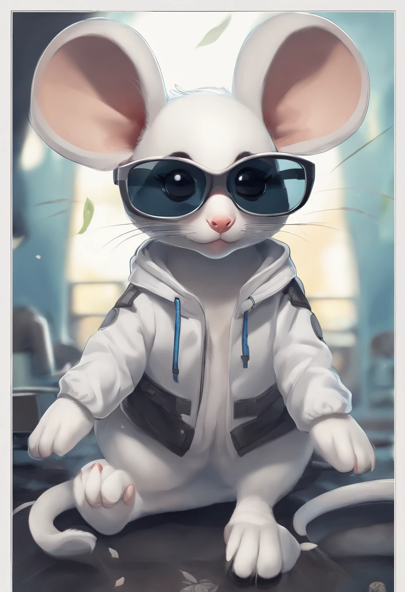 Perfect centering, Cute white and black mouse, Wear a student team jacket, Wearing Black sunglasses, Wearing headphones, cheerfulness, Standing position, Abstract beauty, Centered, Looking at the camera, Facing the camera, nearing perfection, Dynamic, Highly detailed, smooth, Sharp focus, 8K, high definition resolution, illustration, Art by Carne Griffiths and Wadim Kashin, White background